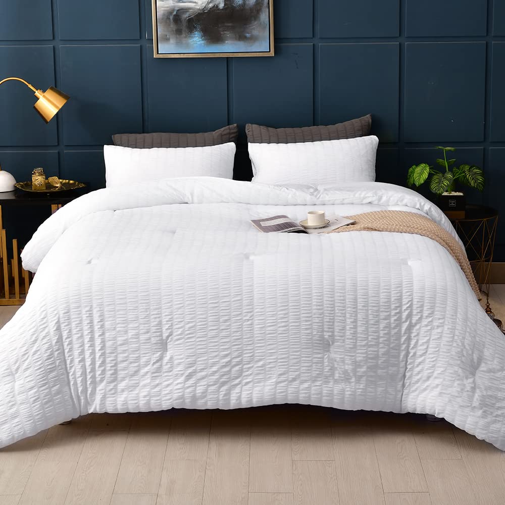 AveLom Seersucker Comforter Set - Full Size, 80x90 Inches, White, 3 Pieces, Unisex