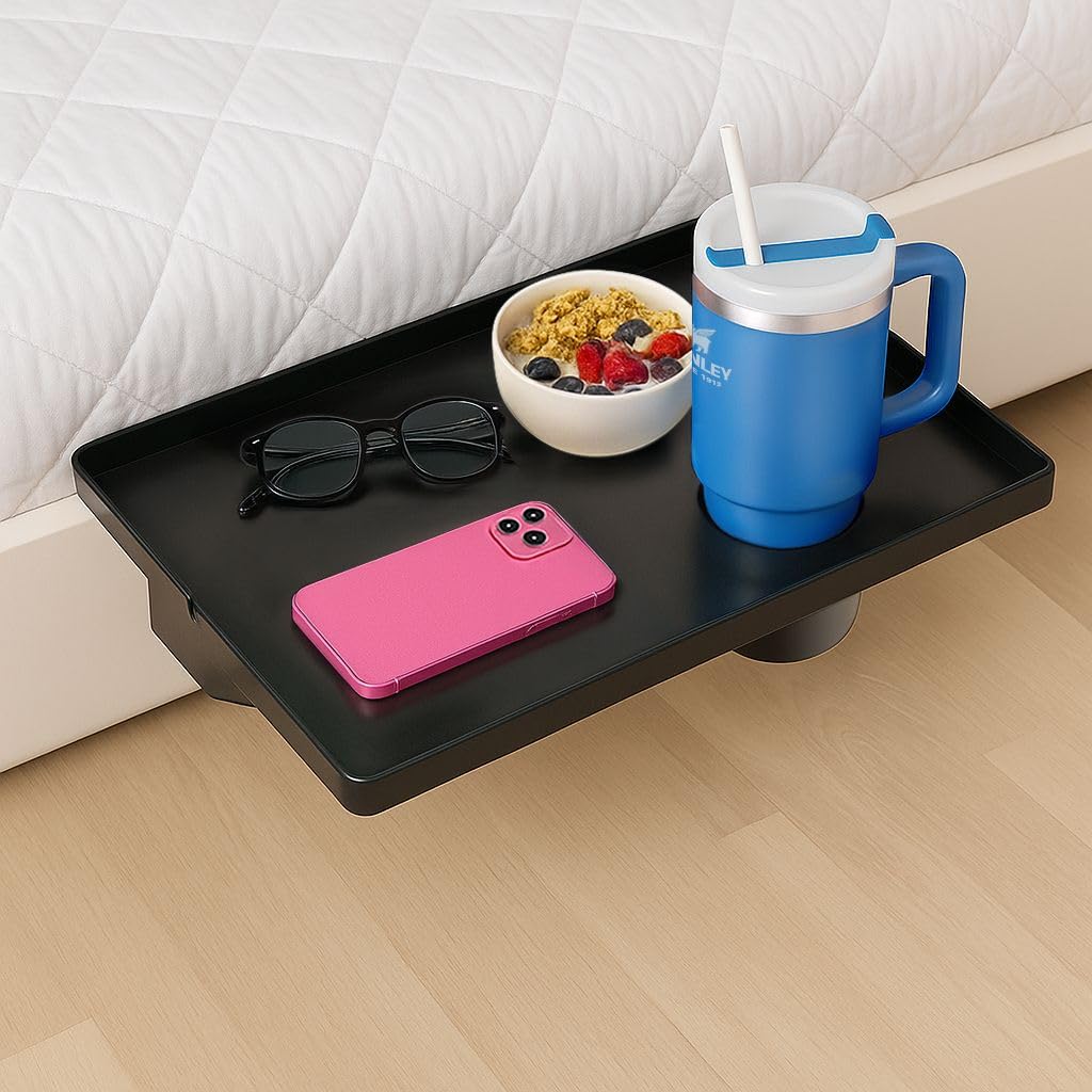 Modern Innovations Large Black Bedside Shelf for Bed, 1 Count Clip On Nightstand with Cup Holder and Cord Holder, College Dorm B