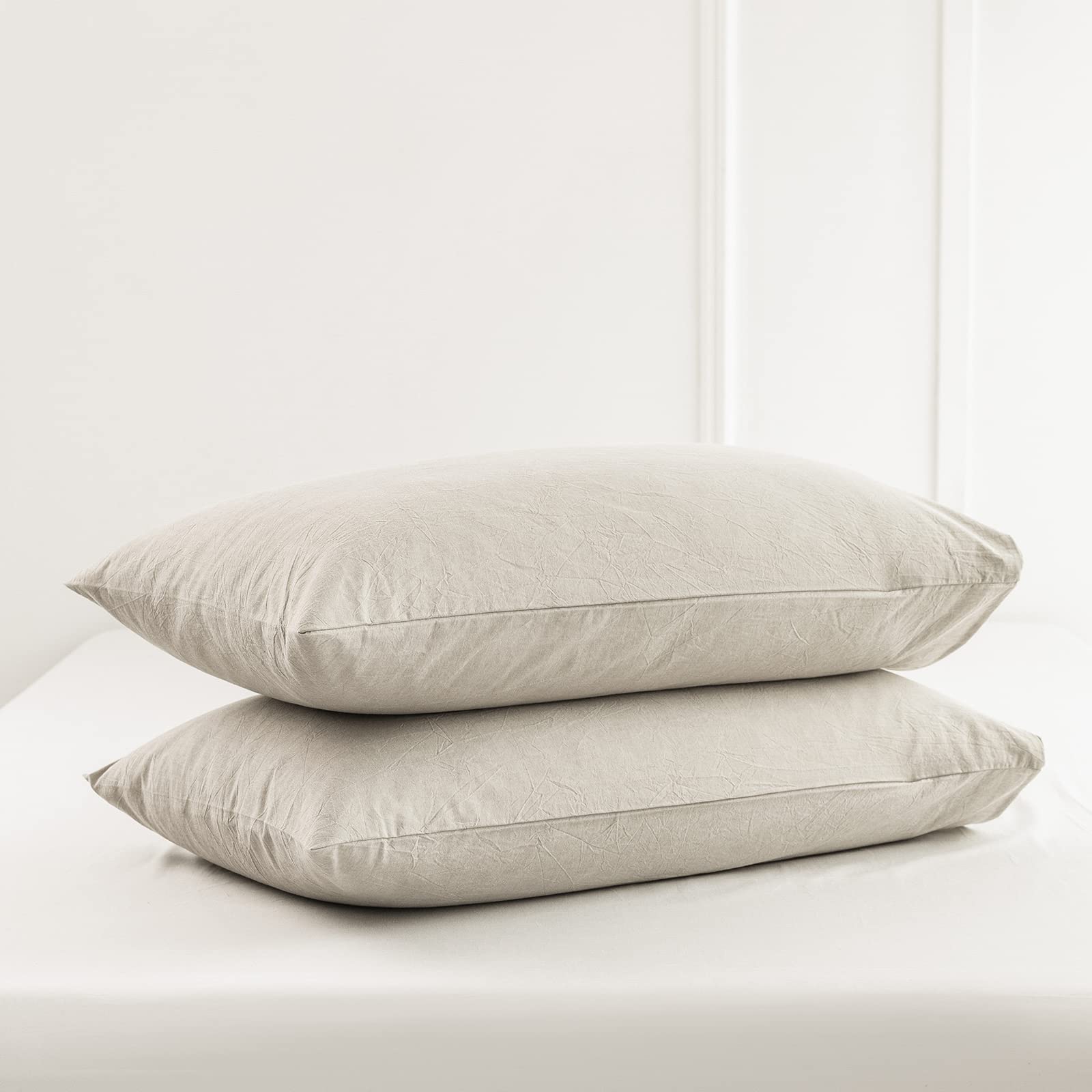 MooMee Bedding Pillowcases Pack of 2 100% Washed Cotton Linen Like Textured Breathable Durable Soft Comfy (Cream Grey, Standard)