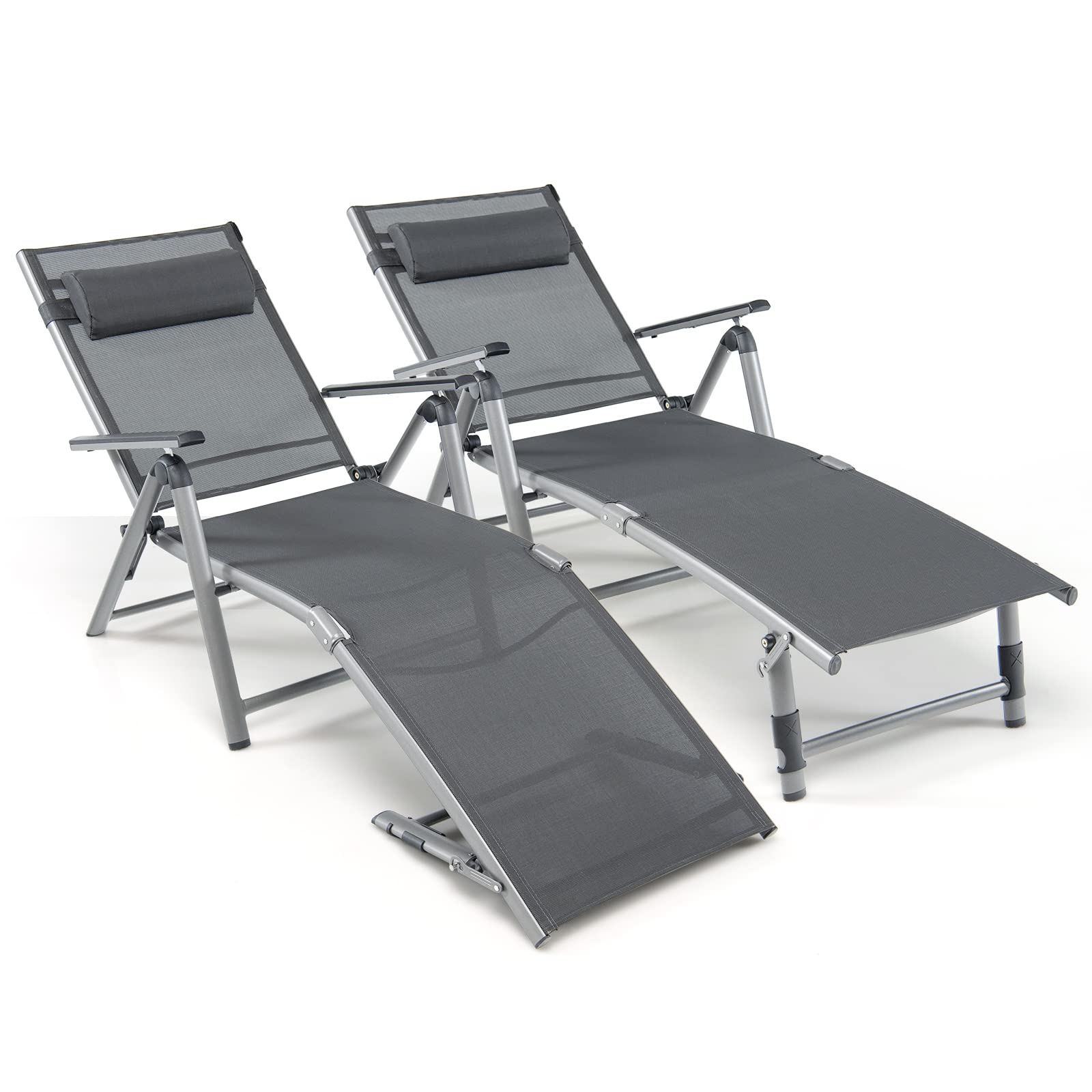 Giantex Outdoor Chaise Lounge Chair - Set of 2 Folding Lounge Chair w/ 8-Level Adjustable Backrests, Aluminum Frame, Cozy Headre