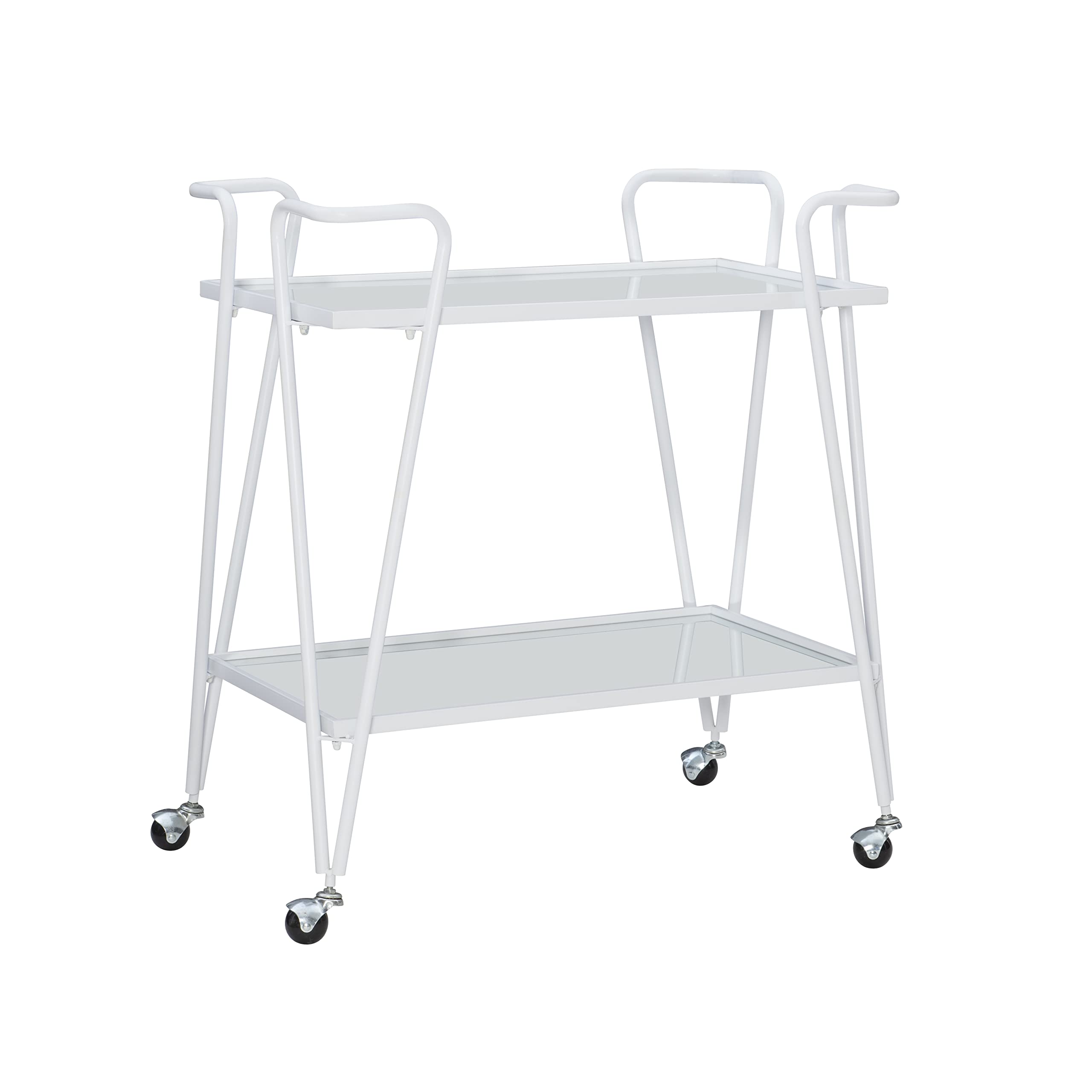 Linon Gina White Mid-Century Bar Cart with Mirrored Shelves and Locking Wheels