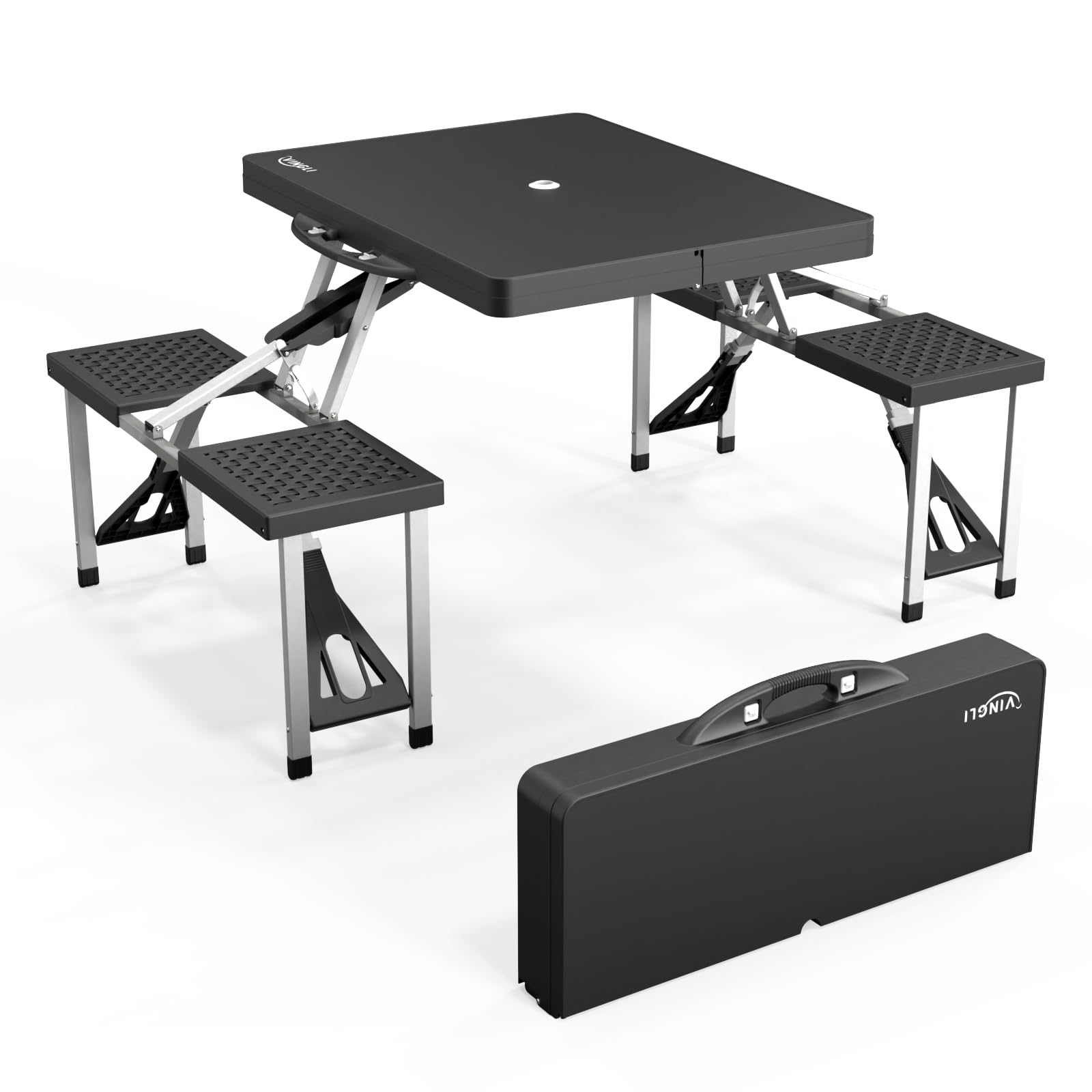 VINGLI 4Ft Portable Folding Picnic Table Camping Table Foldable Set with 4 Seats with Umbrella Hole Suitcase Card Table-220 Lbs 