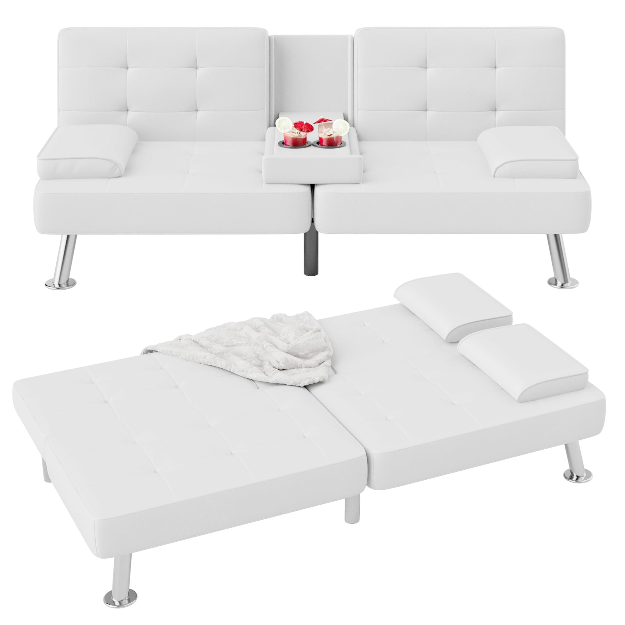 Flamaker Futon Sofa Bed Modern Folding Futon Set PU Leather Convertible Recliner Lounge for Living Room with 2 Cup Holders, Remo