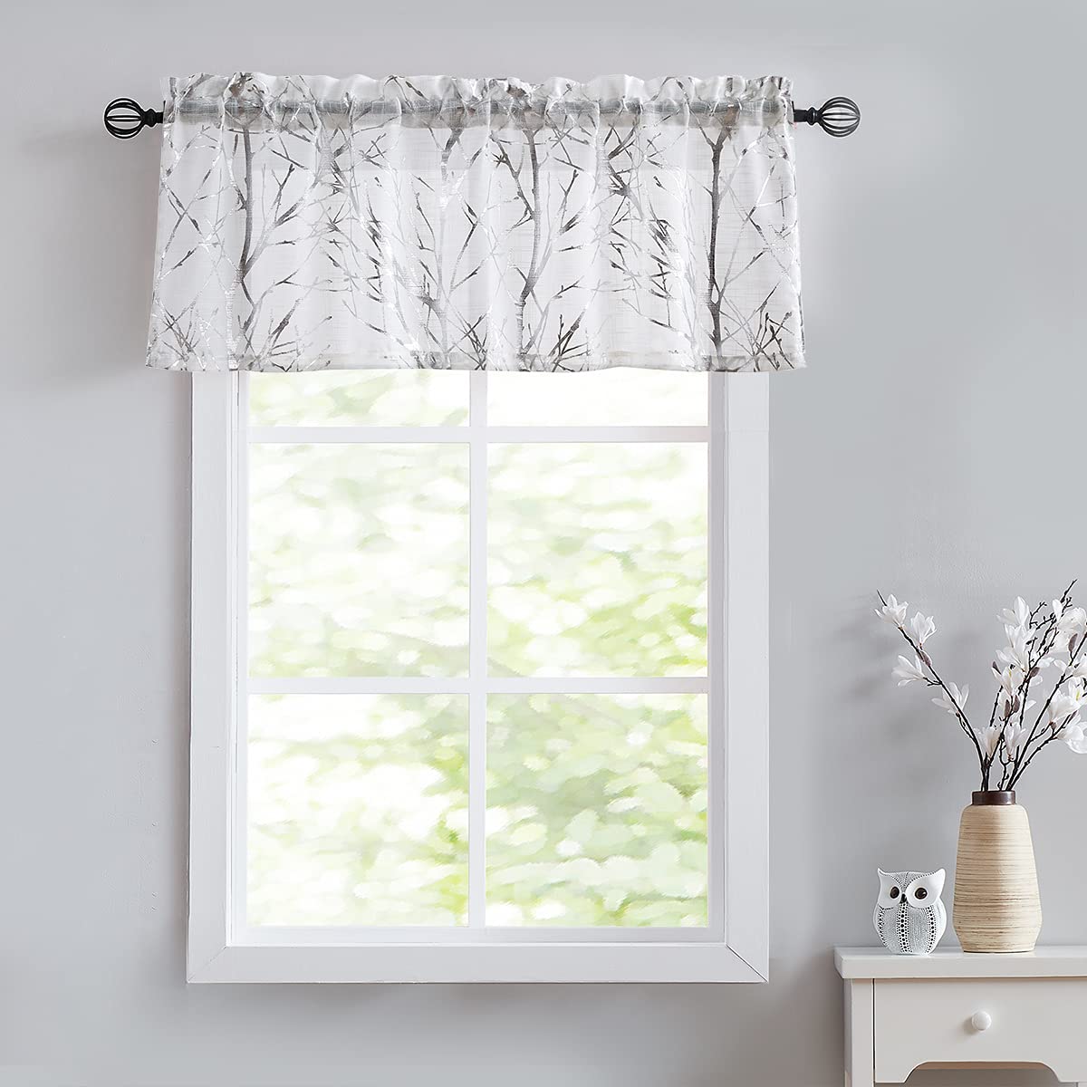 FMFUNCTEX Foil Silver Branch White Sheer Valance Curtain for Living Room Window Top 18 Light Filter Valance Curtain for Bathroom