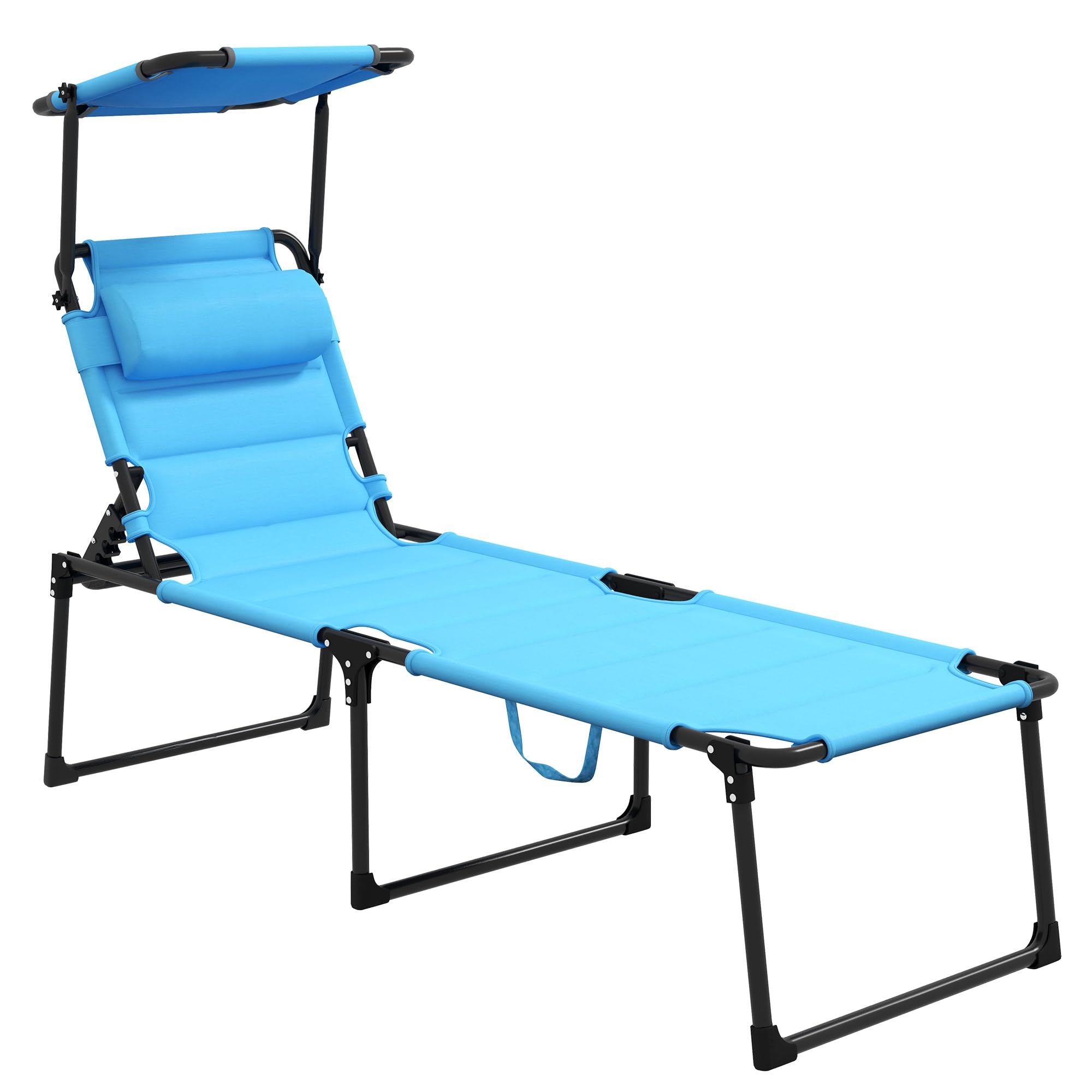 Outsunny Outdoor Lounge Chair, Adjustable Backrest Folding Chaise Lounge, Cushioned Tanning Chair with Sunshade Roof & Pillow He