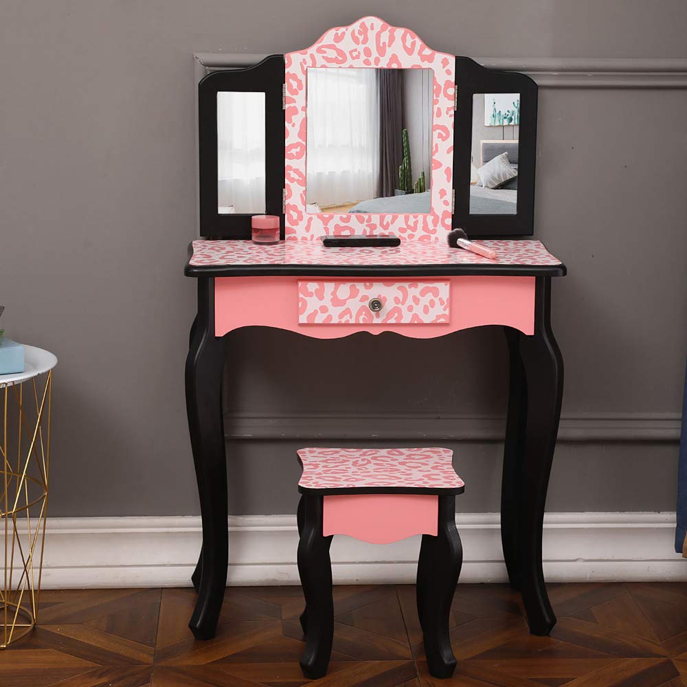 Vasitelan Kids Vanity Table and Chair Set, Girls Vanity Set with Mirror and Stool, Makeup Dressing Princess Table with Drawer, K