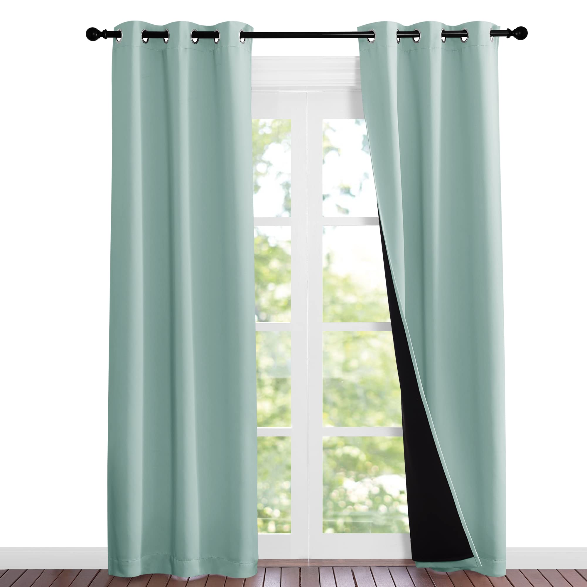 NICETOWN Aqua Blue Blackout Curtains 84 inches Long, Full Light Blocking Drapes with Black Liner for Nursery, Noise Reducing The