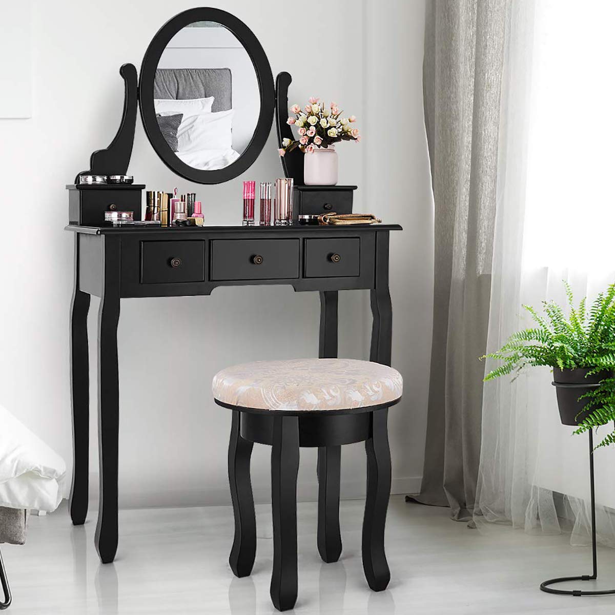 CHARMAID Vanity Set with 360 Rotatable Oval Mirror, Modern Makeup Dressing Table with Cushioned Stool for Girls Women Bedroom, B