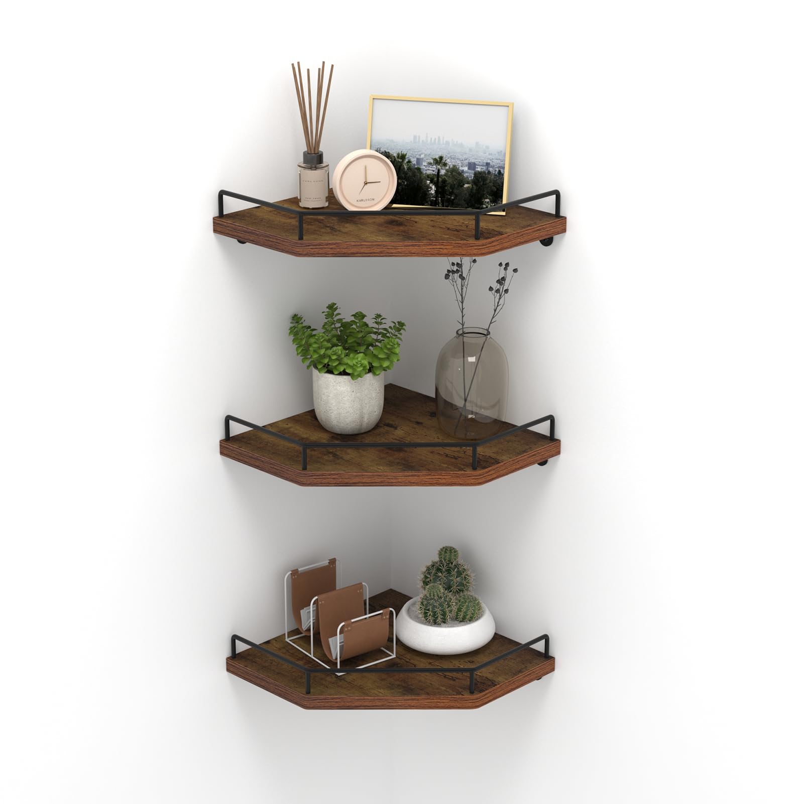 HORLIMER Floating Corner Shelf Wall Mount, 3 Pack Rustic Wood Corner Wall Shelves with Fence for Bedroom, Bathroom, Kitchen, Liv