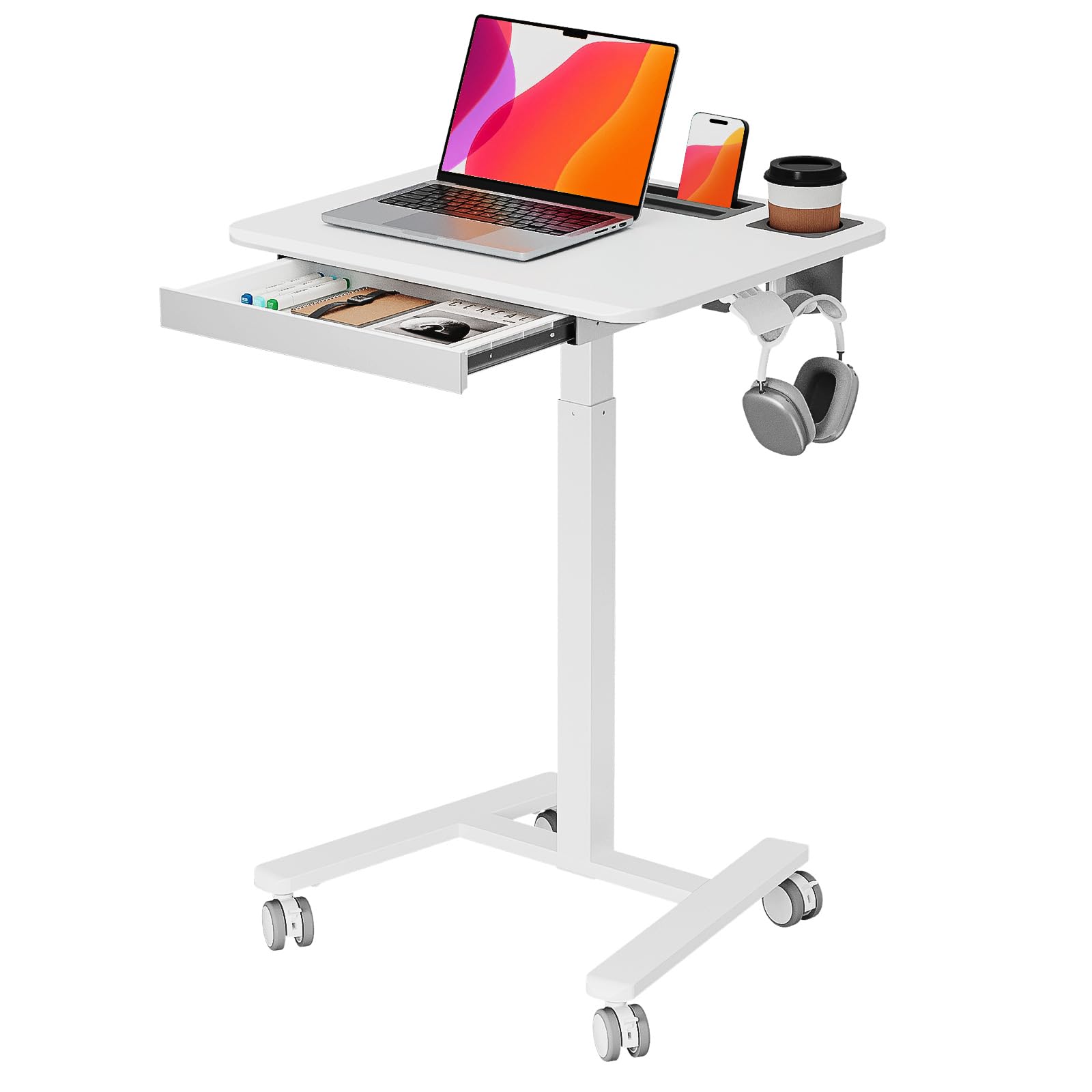 JYLH JOYSEEKER Mobile Small Stading Desk with Drawer, 23.6x19.7 Rolling Laptop Cart on Wheels, Height Adjustable Sit Stand Compu