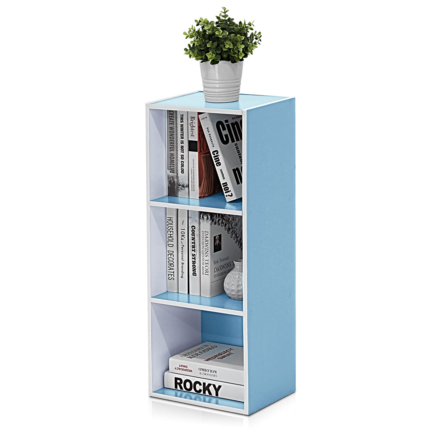 Furinno 3-Tier Open Shelf Bookcase, White/Light Blue 11003WH/LBL
