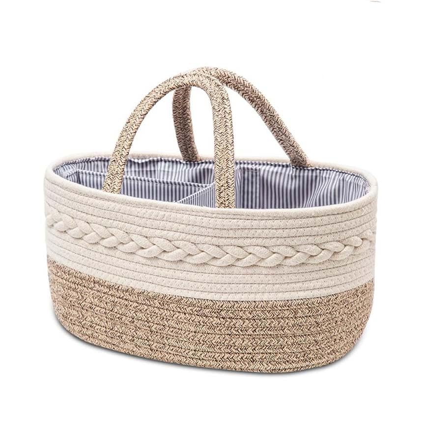 kamuavni Large Cotton Rope Diaper Caddy Boho Diaper Storage Portable Car Organizer with Removable Divider Unisex Woven Nursery S