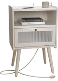 Mid Century Modern Nightstand with Charging Station, Bedside Tables with Glass Decorative Door, End Table Side Table with 2 Tier