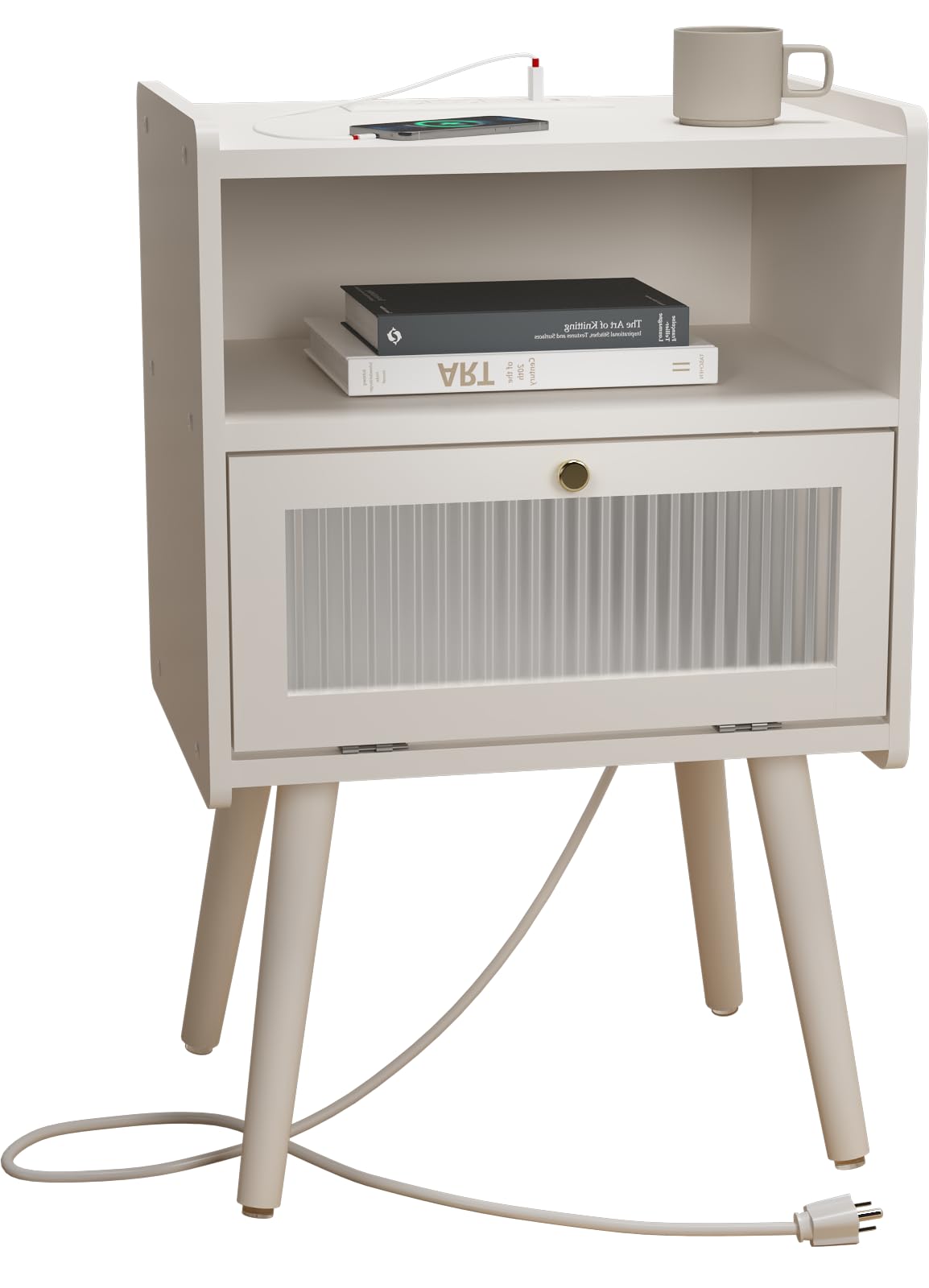 Mid Century Modern Nightstand with Charging Station, Bedside Tables with Glass Decorative Door, End Table Side Table with 2 Tier