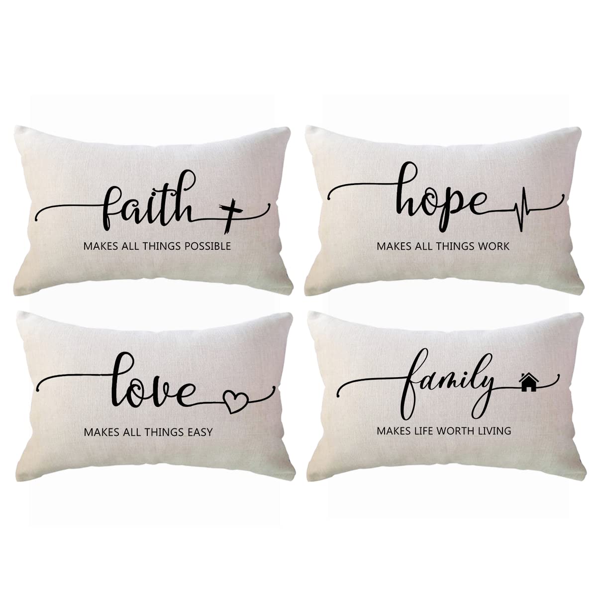 Inspirational Saying Lumbar Throw Pillow Covers Faith Hope Love Family Decorative Pillowcases 12 x 20 Inch Rustic Farmhouse Cush