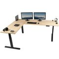 VIVO Electric Height Adjustable 83 x 60 inch Corner Stand Up Desk, 2 Light Wood Solid Table Tops, Black Frame, Memory Controller