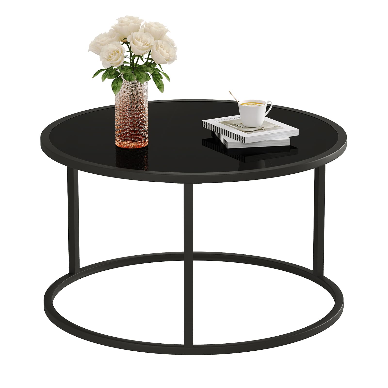 SAYGOER Black Glass Coffee Table Small Round Coffee Tables 27.6In Modern Tempered Glass-Top Accent Center Table for Living Room 