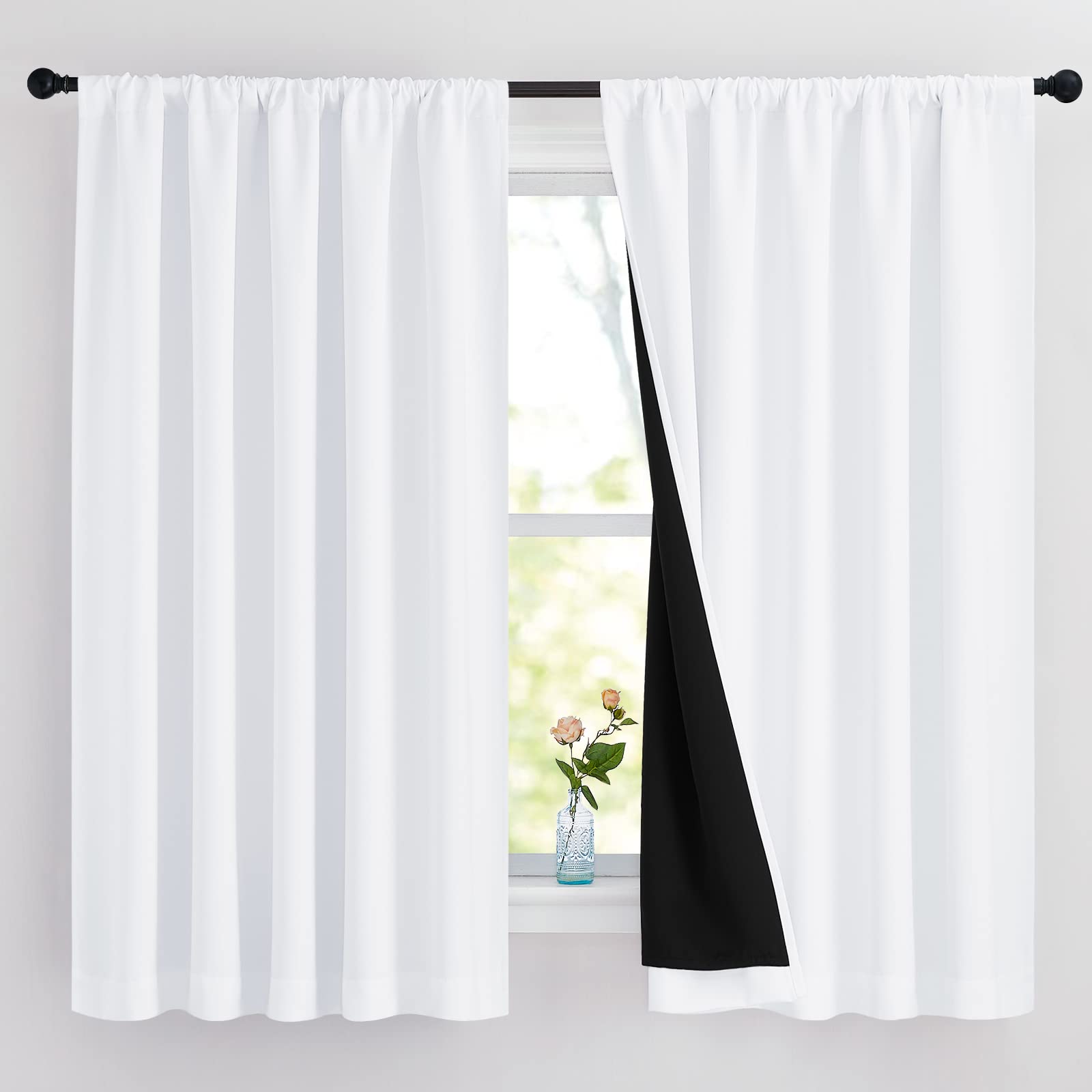 NICETOWN White 100% Blackout Curtains for Bedroom, 2 Thick Layers Completely Blackout Rod Pocket Thermal Insulated Drapes for Ki