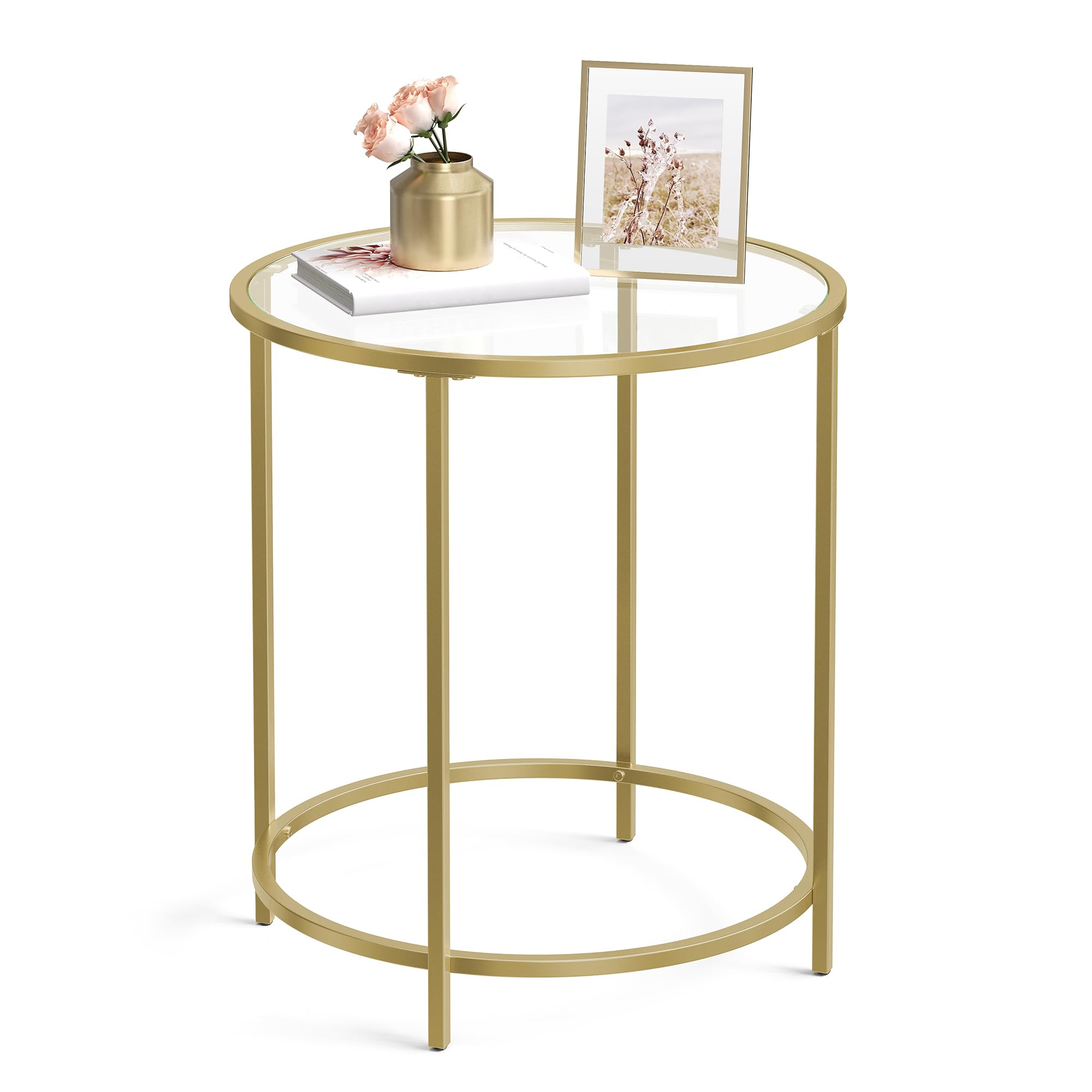 VASAGLE Round Side Table, Glass End Table with Metal Frame, Gold Coffee Table with Modern Style, for Living Room, Balcony, Bedro