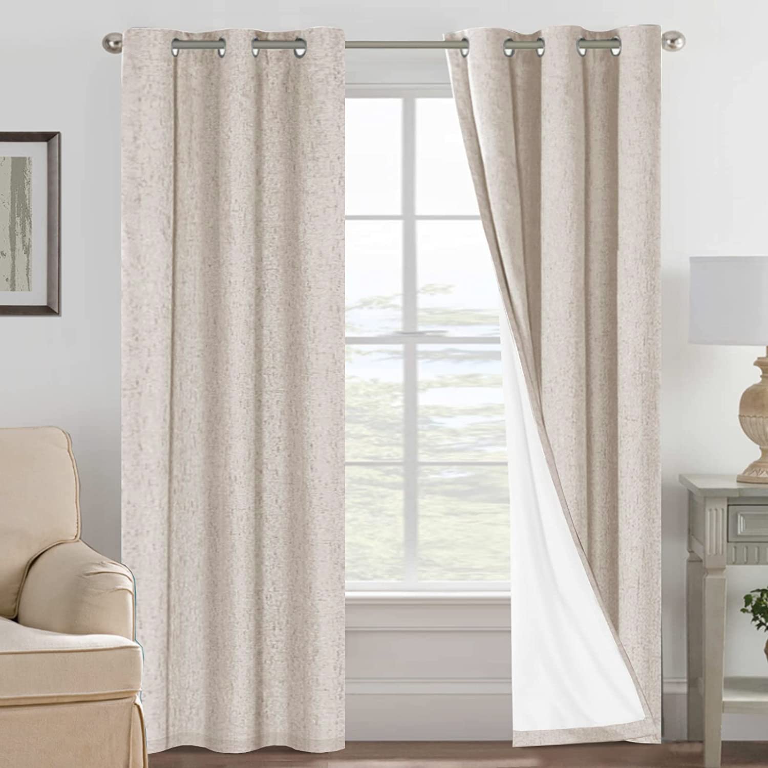H.VERSAILTEX Blackout Linen Curtains, 100% Blackout Drapes Textured Blackout Curtains with White Thermal Insulated Liner, Gromme