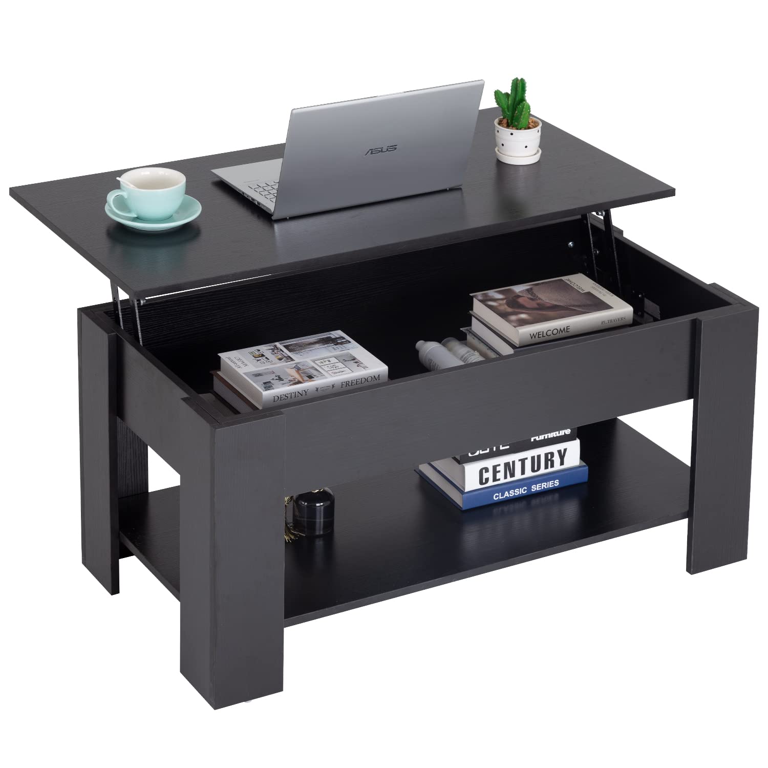 FDW Lift Top Coffee Table with Hidden Compartment and Storage Shelf Wooden Lift Tabletop for Home Living Room Reception Room Off