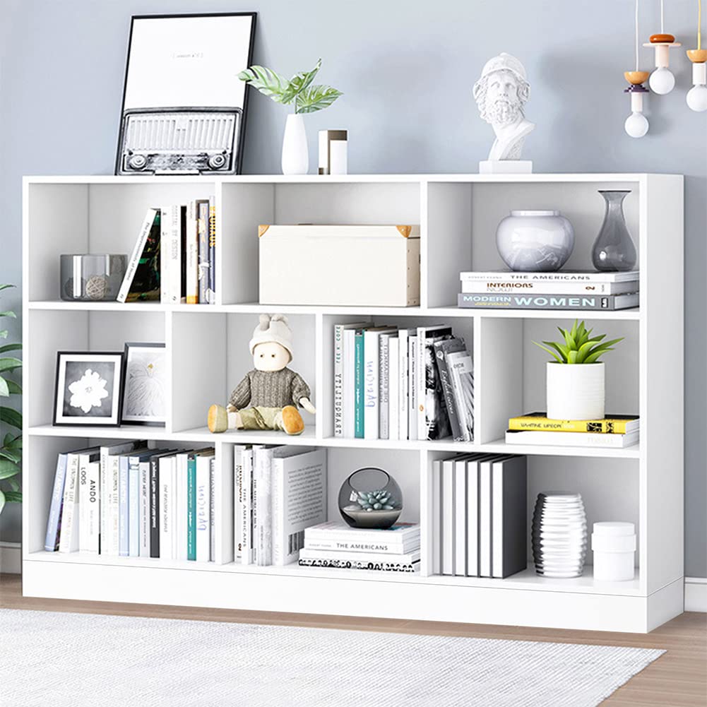 IOTXY Open Shelf Low Bookcase - Wooden 3-Tier Floor Standing Display Cabinet Organizer with Base, 10 Cubes Short Horizontal Book