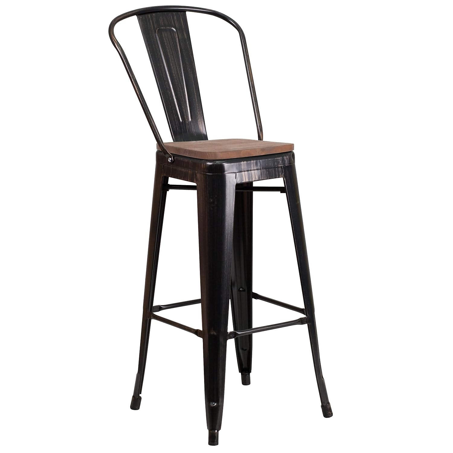 Flash Furniture Lily 30 High Black-Antique Gold Metal Barstool with Back and Wood Seat