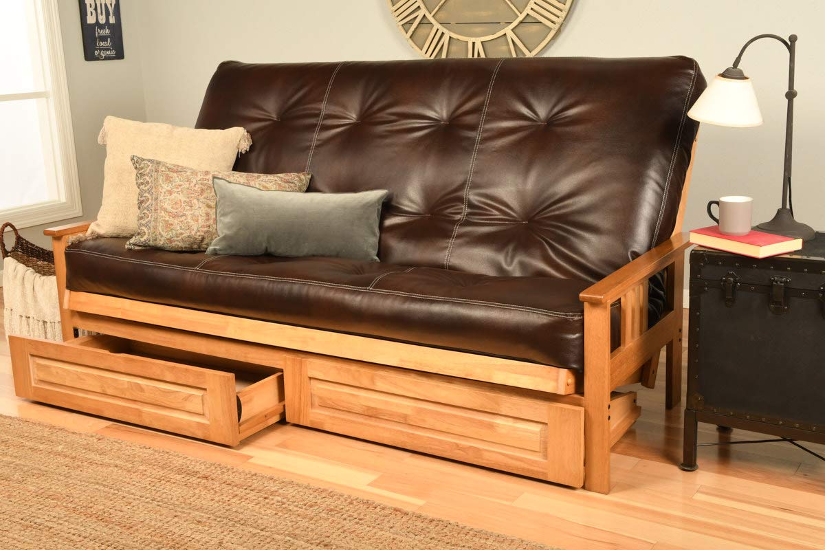 Kodiak Furniture Monterey Queen-size Futon, Storage Drawers, Butternut Finish with Oregon Trail Java Mattress