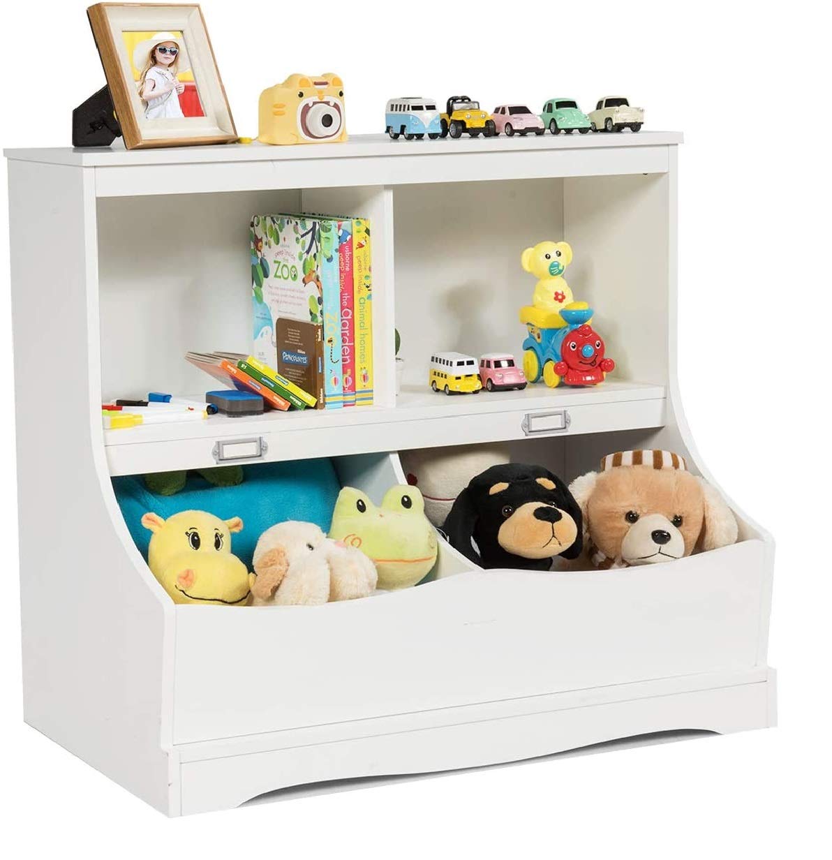 Costzon 4-Cubby Kids Bookcase with Footboard, Name Card, Multi-Bin Childrens Toys Storage and Organizer Book Shelf Display, Woo