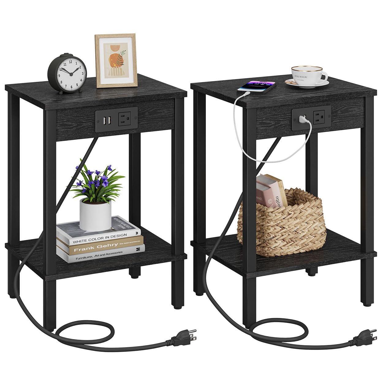 VIMBER Set of 2 End Table with Charging Station, Narrow Side Table with USB Ports and Outlets, Nightstands with 2-Tier Storage S