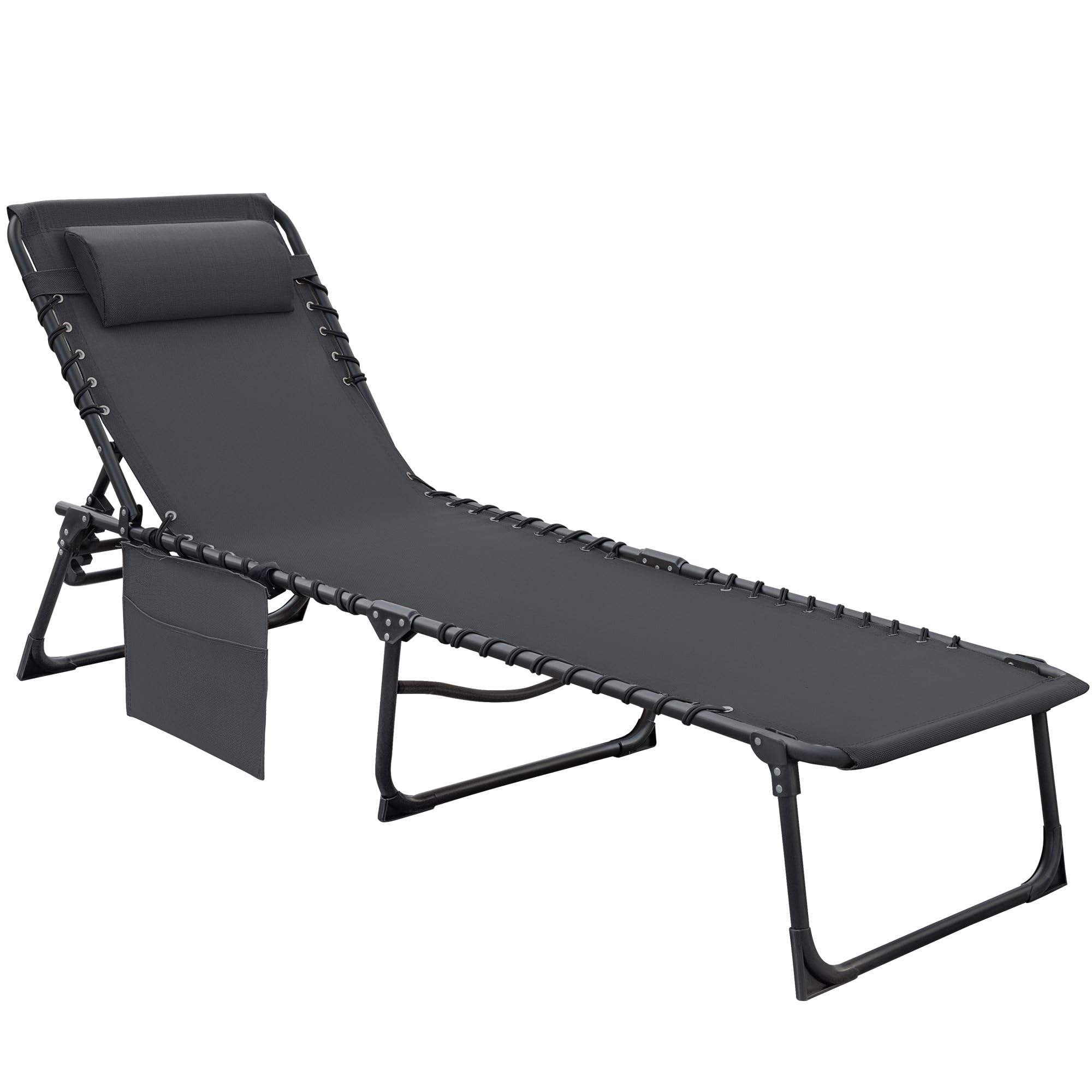 Flamaker Foldable Chaise Lounge Chair 5-Position Adjustable, Tanning Chair with Side Pocket, Outdoor Sunbathing for Pool, Beach,