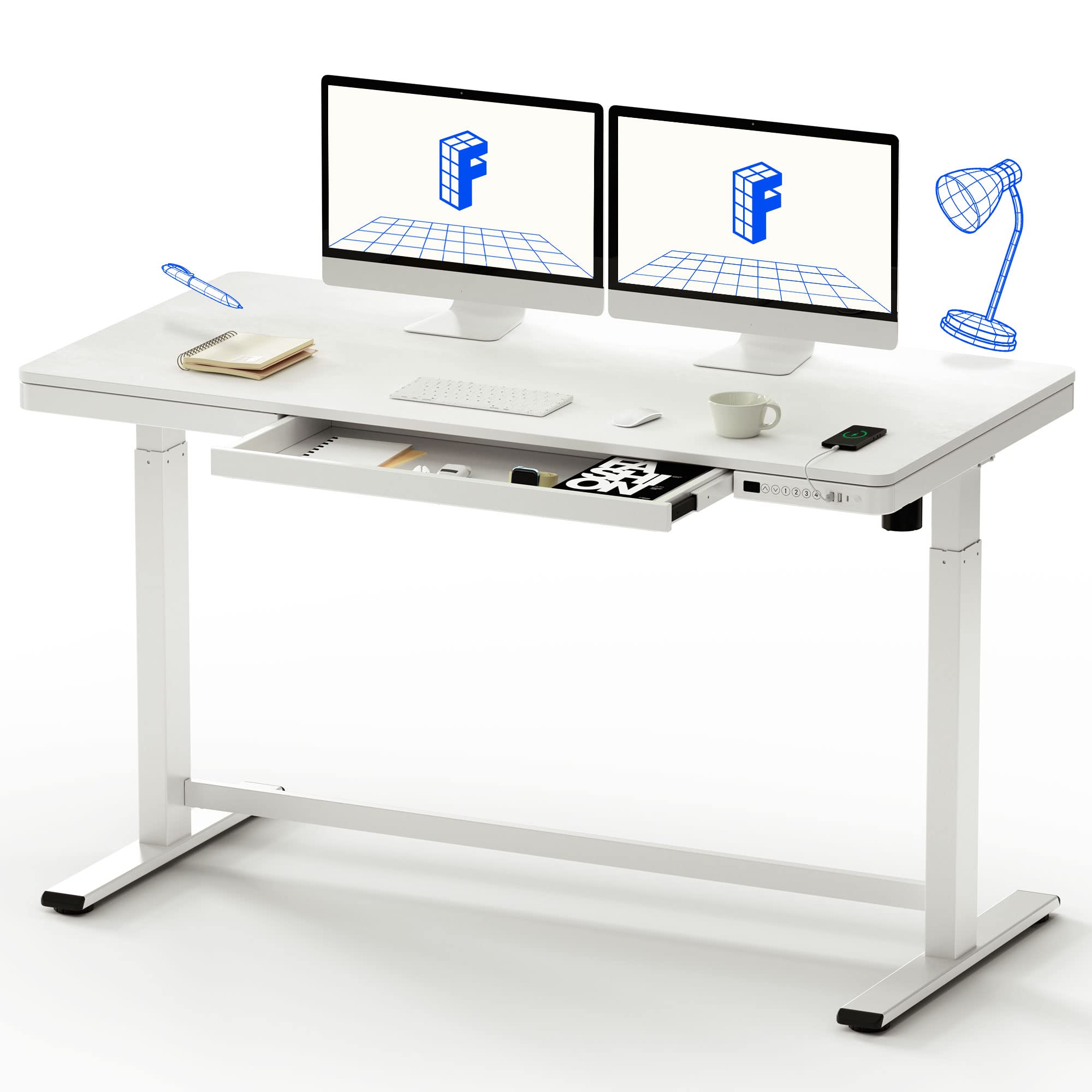 FLEXISPOT 55 White Electric Standing Desk with Drawers, Quick Assembly Home Office Sit Stand Desk with Storage, USB Charging, Co