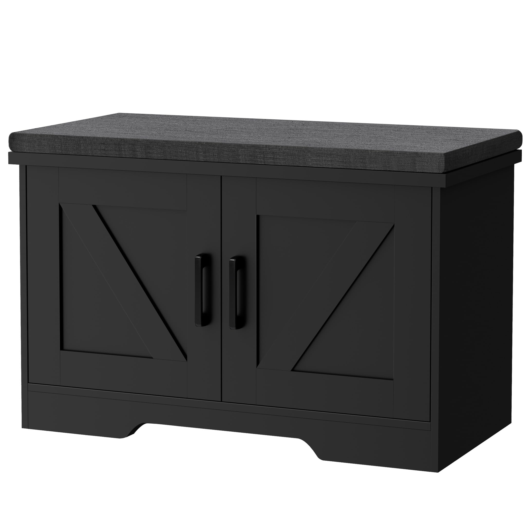 HOMSHO 2-Tier Storage Bench, Shoe Bench with Padded Seat Cushion, Entryway Bench with 2 Barn Doors, Adjustable Shelf, 13.8 D x 2