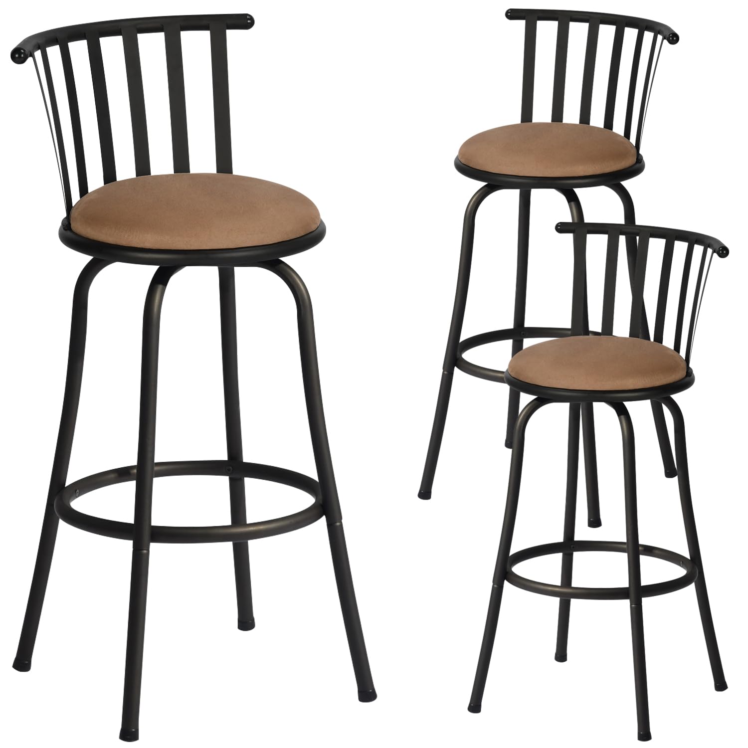 FurnitureR Classic Barstools Set of 3, Country Style Bar Chairs with Back and Footrest Swivel Counter Height Bar Stools for Kitc
