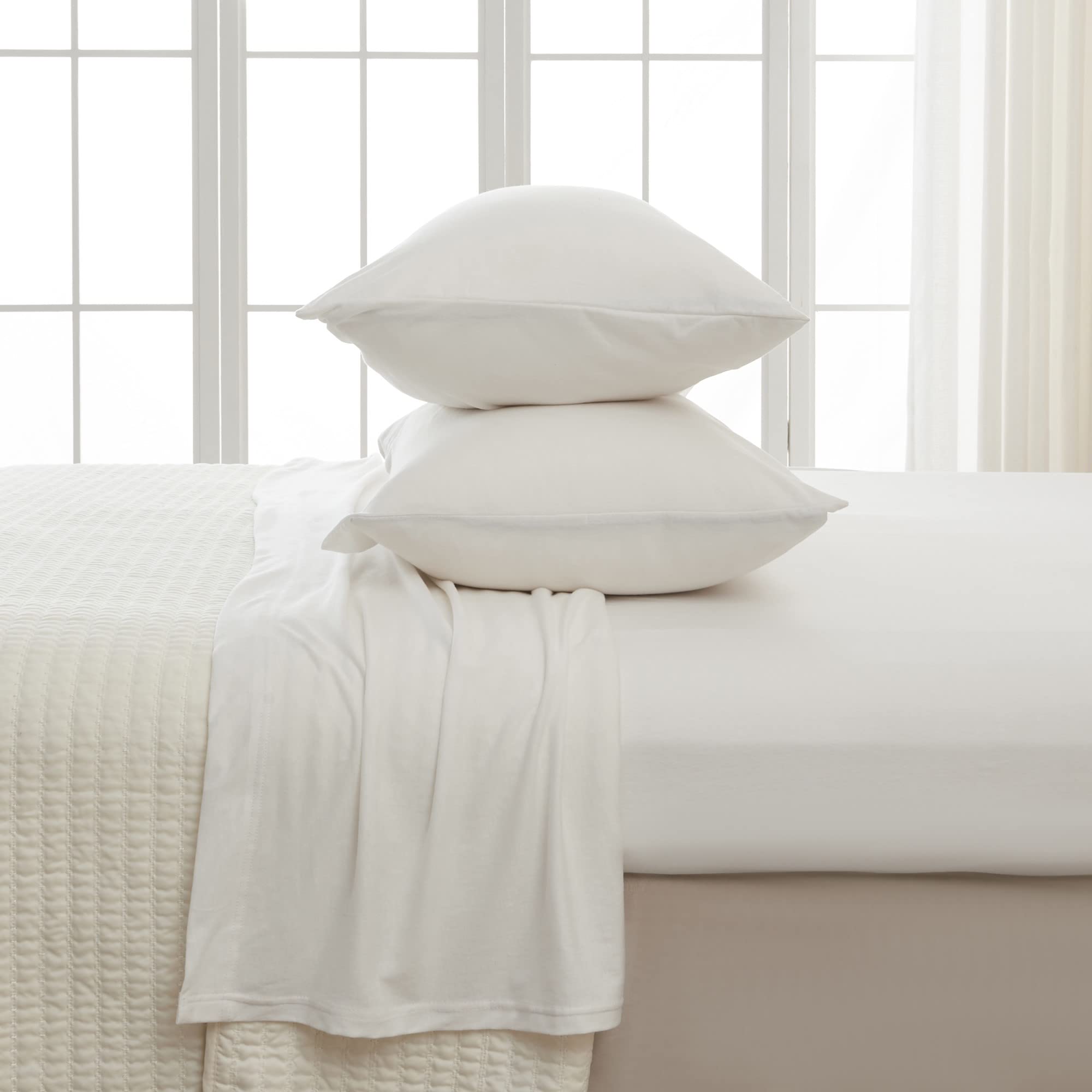 4 Piece Jersey Knit California King Cotton Blend White Sheet Set | Ultra-Soft T-Shirt Jersey Bedding Sheets & Pillowcases | Heat