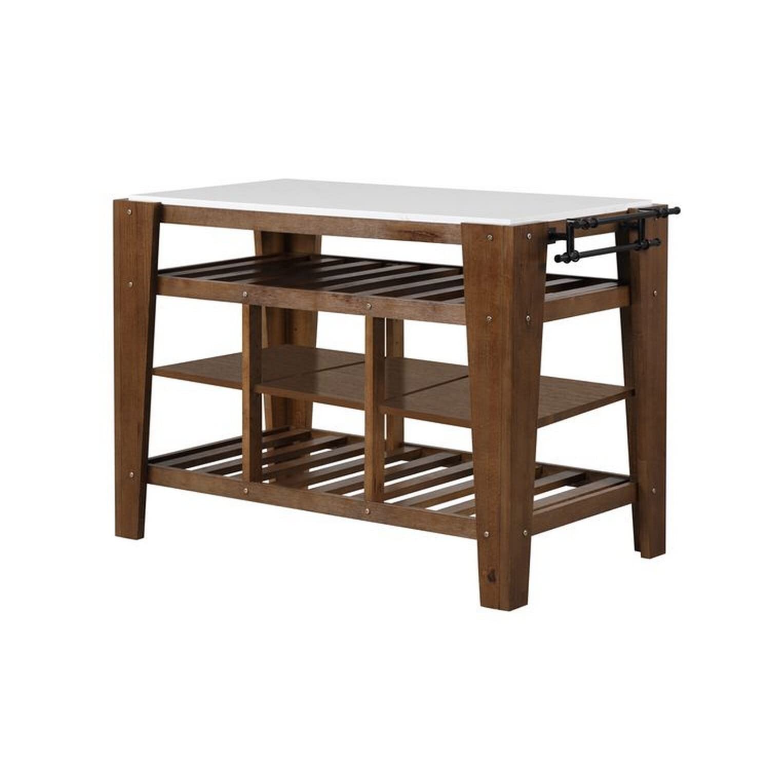 Benjara 4 Tier Kitchen Island with Slatted Shelves and Side Handle, Brown and White
