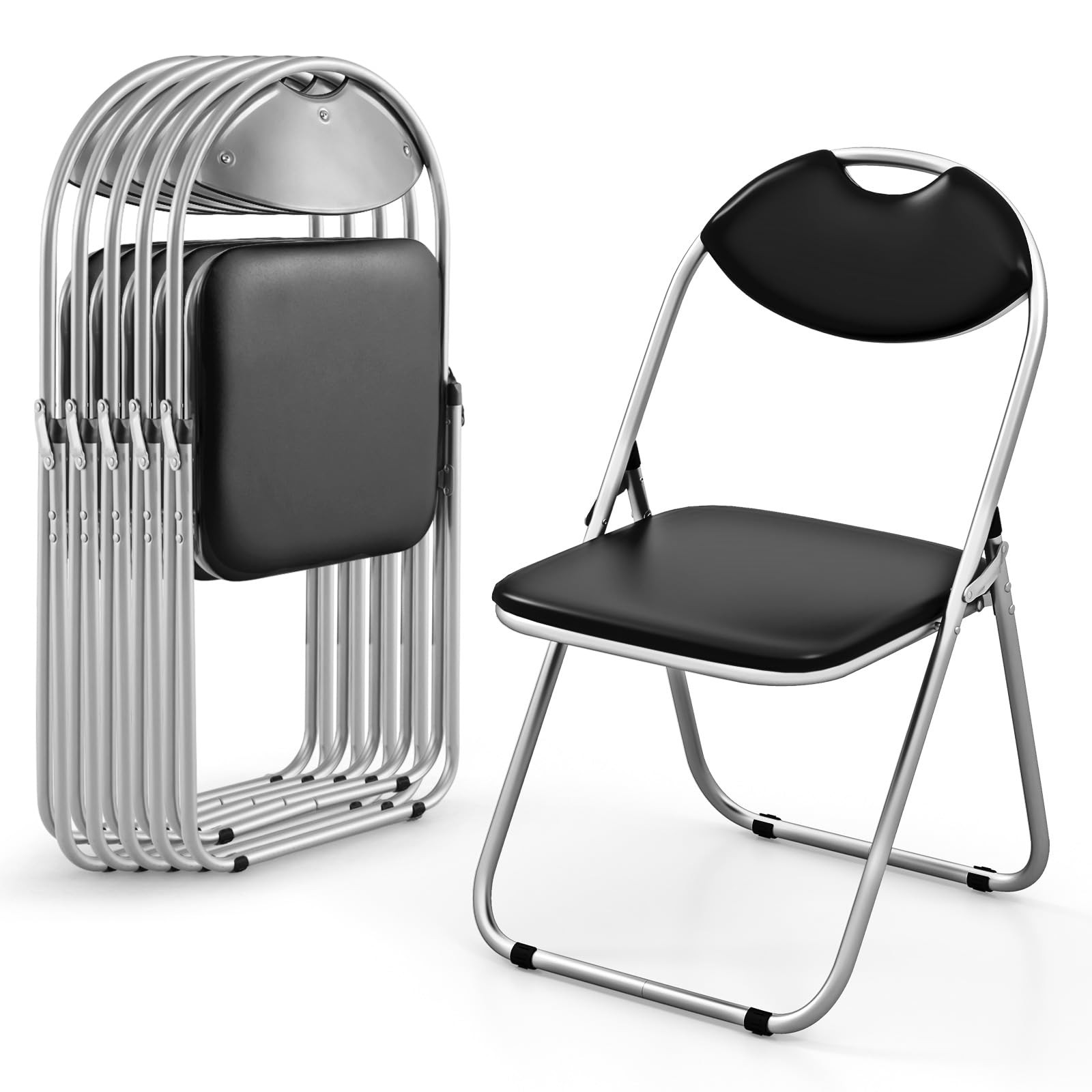 HAPPYGRILL 6-Pack Folding Chairs, Portable Card Chairs with Back & Padded Seat, Metal Waiting Room Chair Set for Events Office W