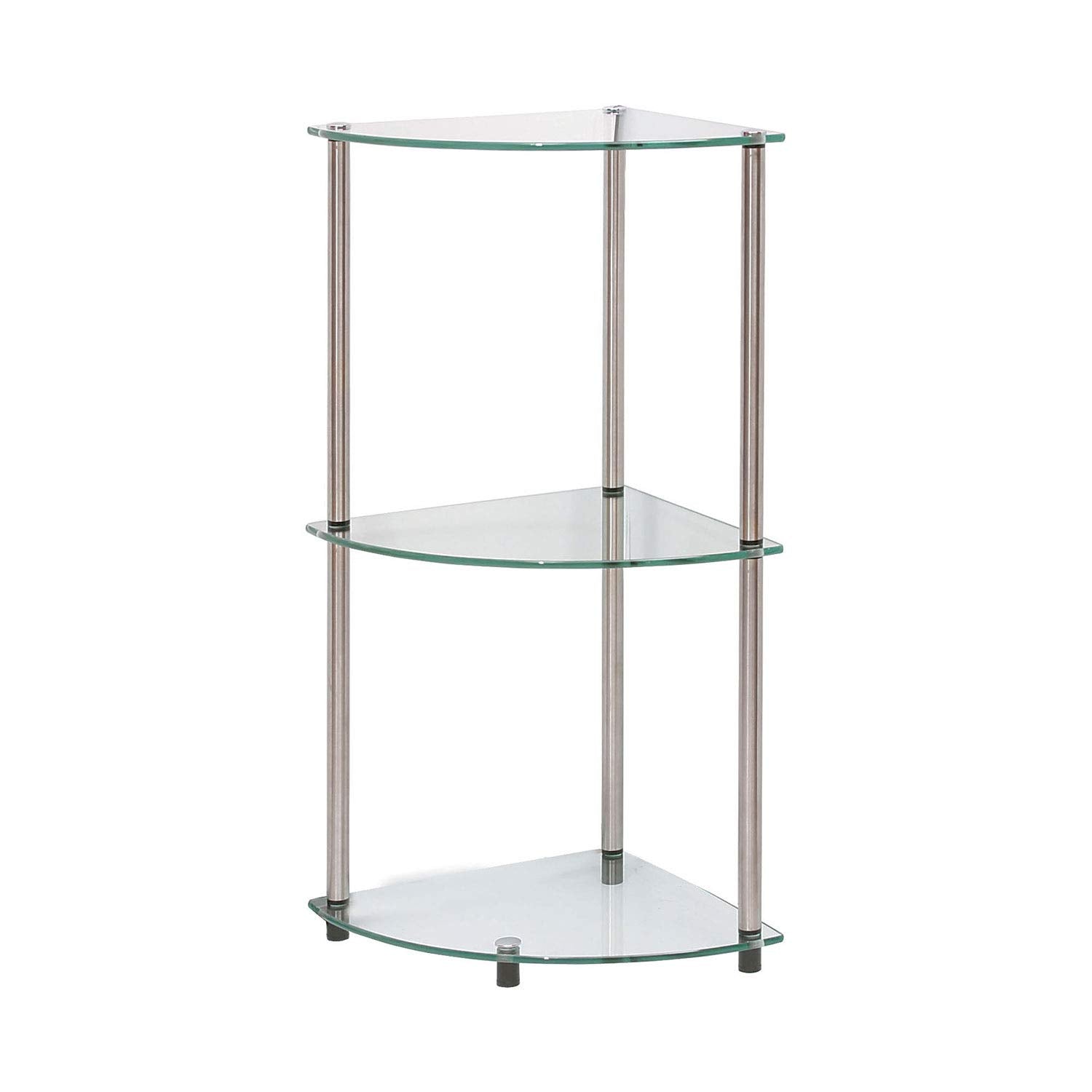 Convenience Concepts Designs2Go Classic Glass 3-Tier Corner Shelf 13.75 - Modern Media Bookshelf with Storage Shelves for Living