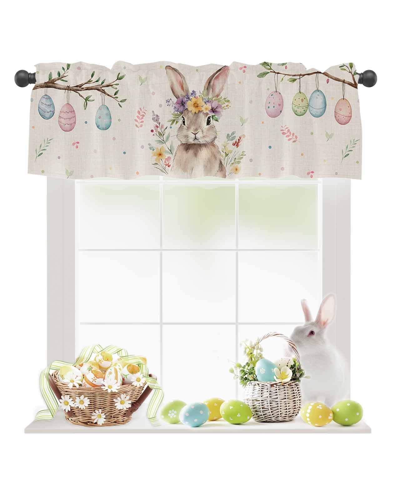 HELLOWINK Easter Egg Bunny Valances for Kitchen Windows Valance Curtains for Living Room, Spring Flowers Rabbit Rod Pocket Windo