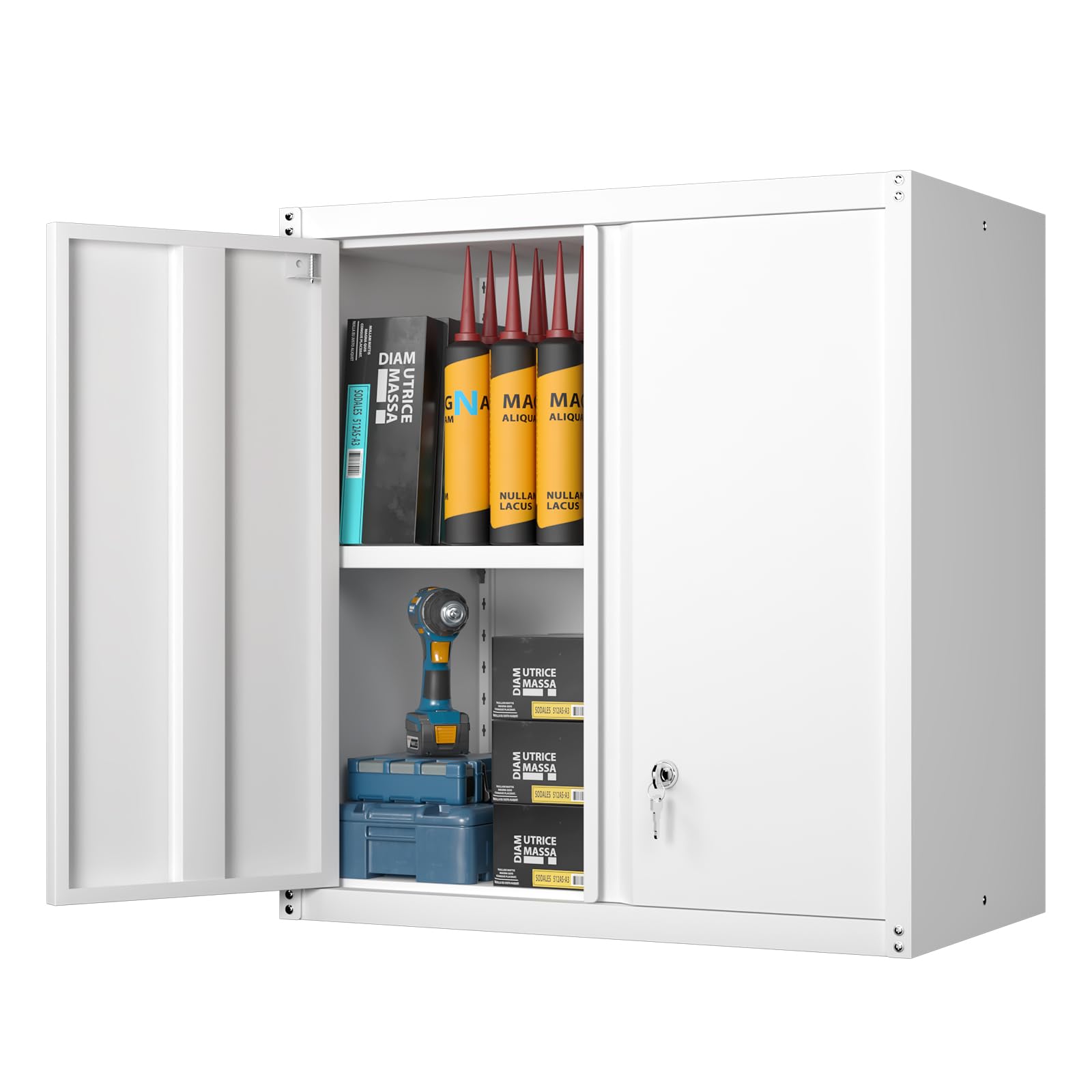 GREATMEET Metal Wall Cabinet, Wall Mounted Storage Cabinet for Garage Storage, White Floating Cabinet with Doors and Adjustable 