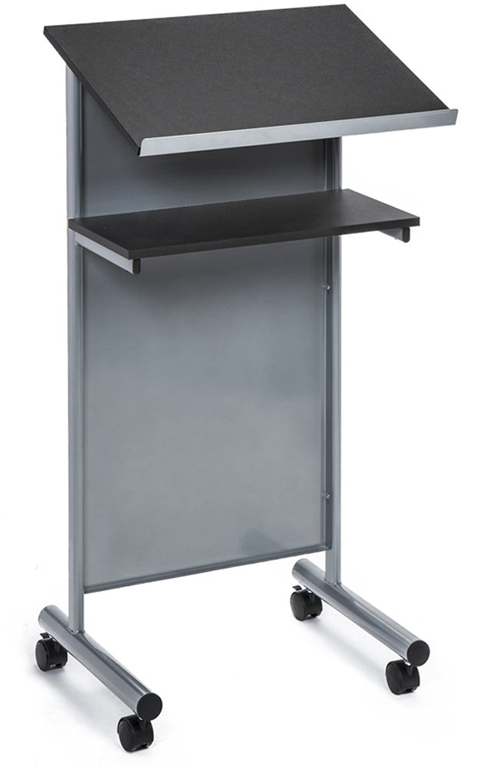 Audio-Visual Direct Wheeled Lectern Podium - Standing Desk with Storage Shelf - Silver/Black - Ideal for Presentations and Lapto