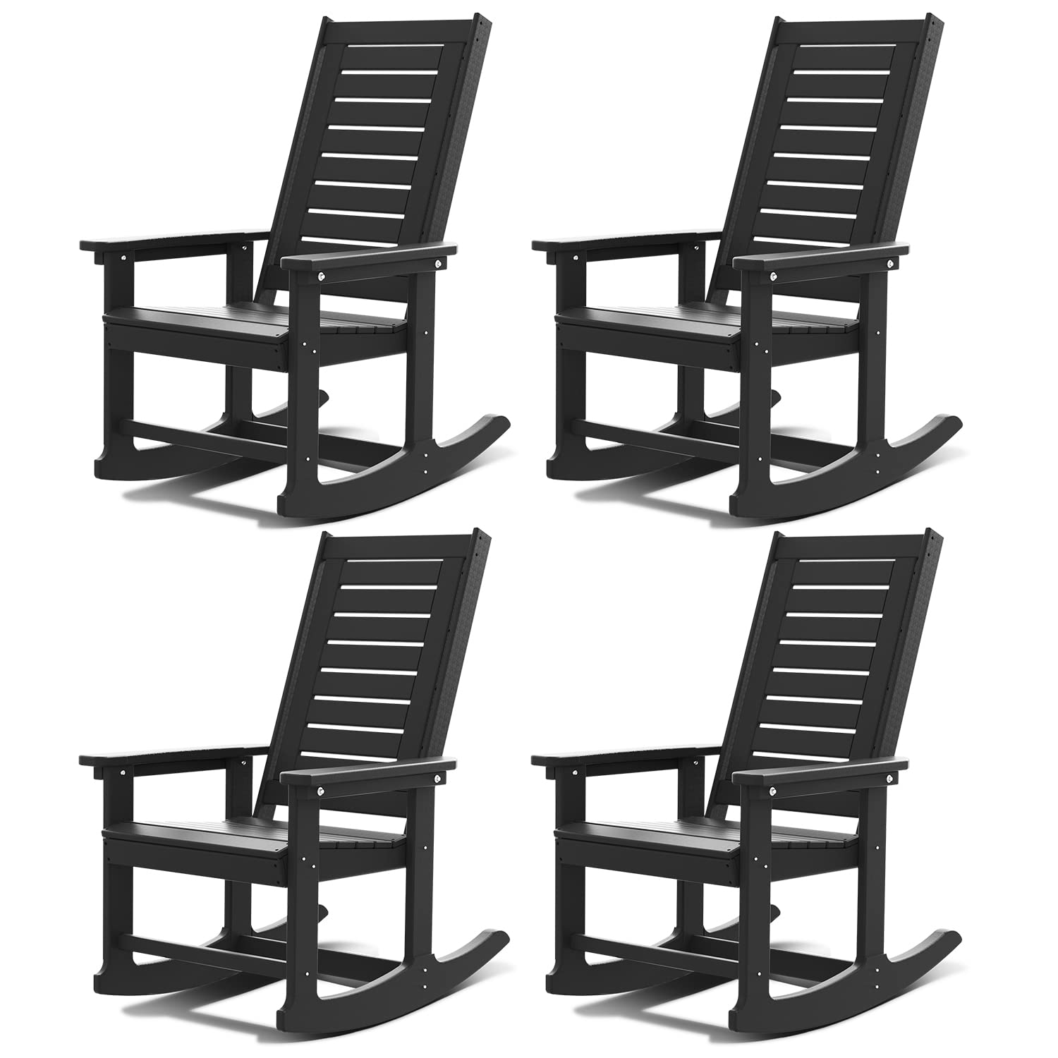 GREENVINES Outdoor Rocking Chairs | Set of 4 | Porch Rocker | HDPE Plastic | Black | Oversized Rockers | High Back | Big & Tall 