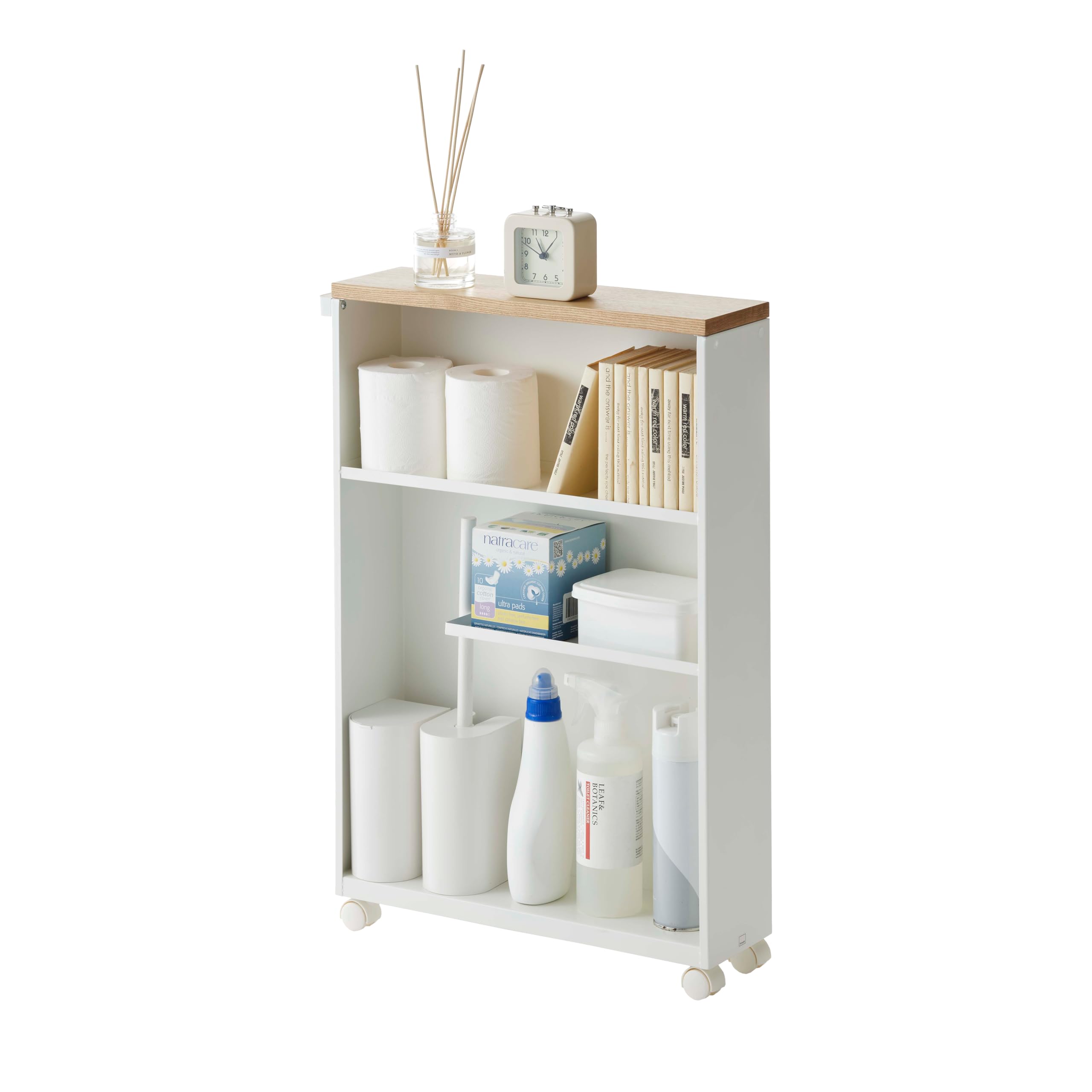 Yamazaki Home Rolling Slim Bathroom Utility Cart with Handle - Storage Shelf Narrow Organizer Rack Steel One Size White