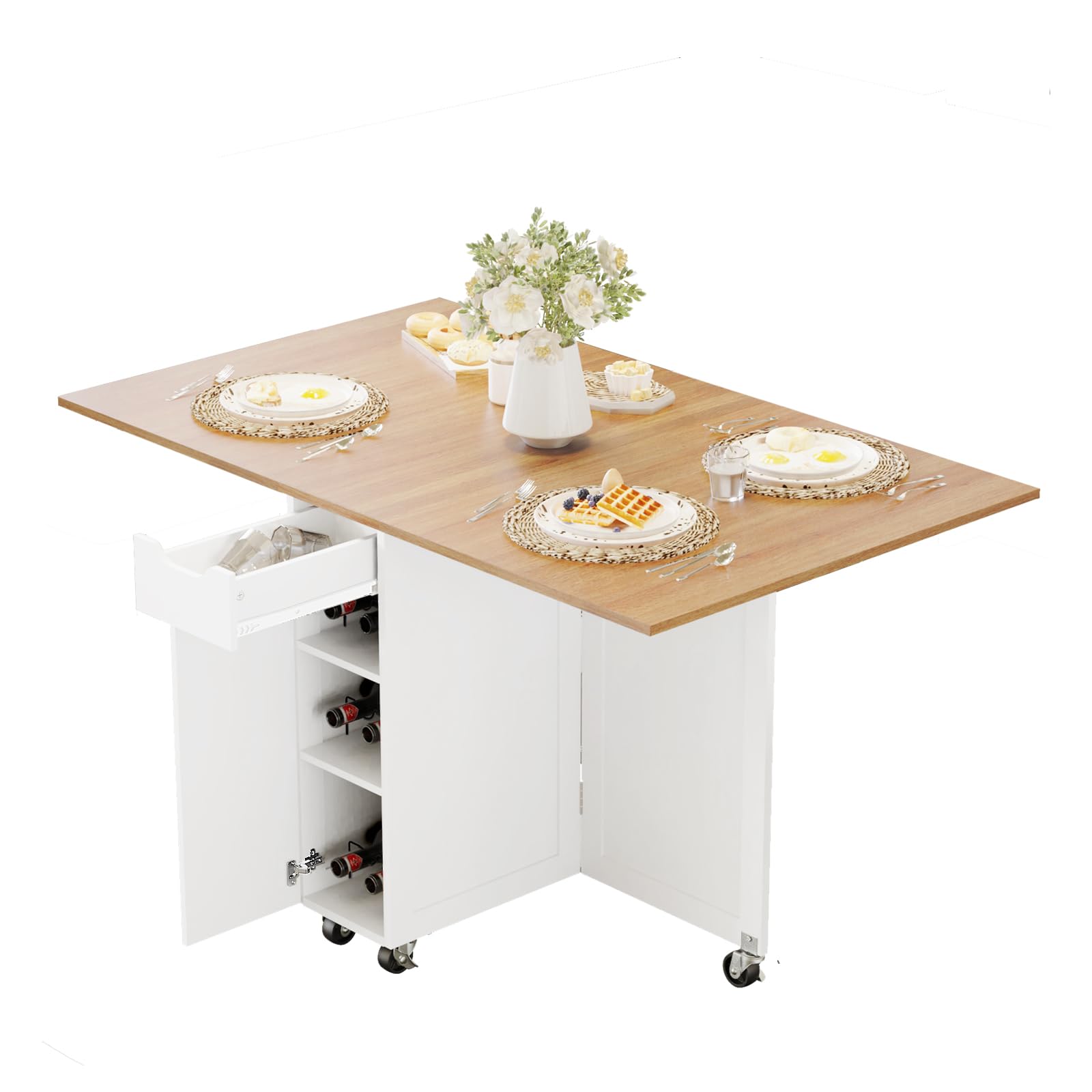 Folding Dining Table, Dinner Table with Drawer and Storage and Shelves, Space Saving Dining Table with 6 Wheels, Kitchen Table f