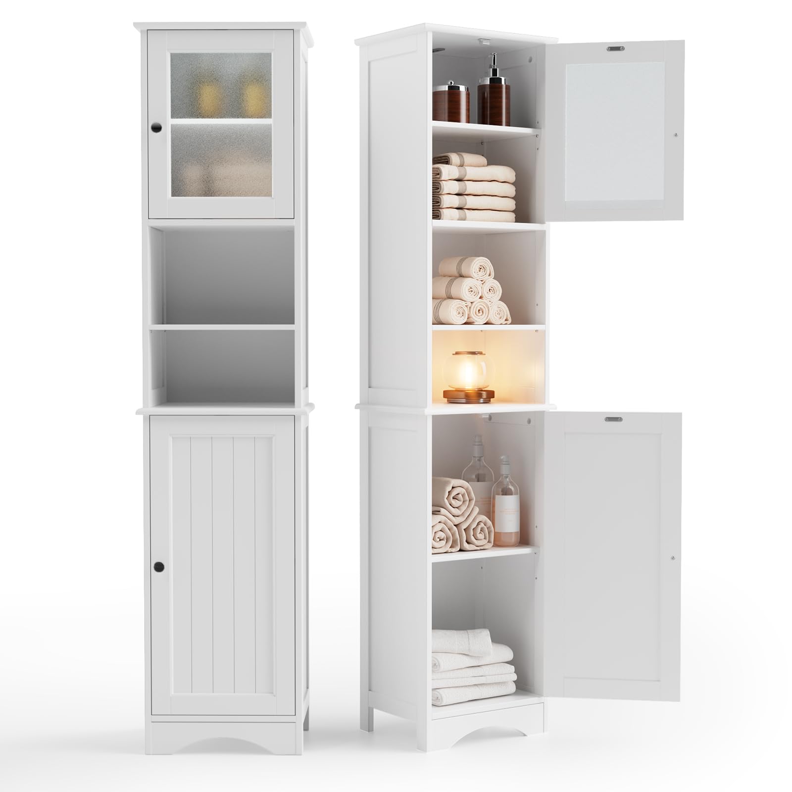 Gizoon 67.1 Tall Bathroom Storage Cabinet with Adjustable Shelves, Narrow Tall Linen Tower with Open Shelves, Two-Way Doors Free