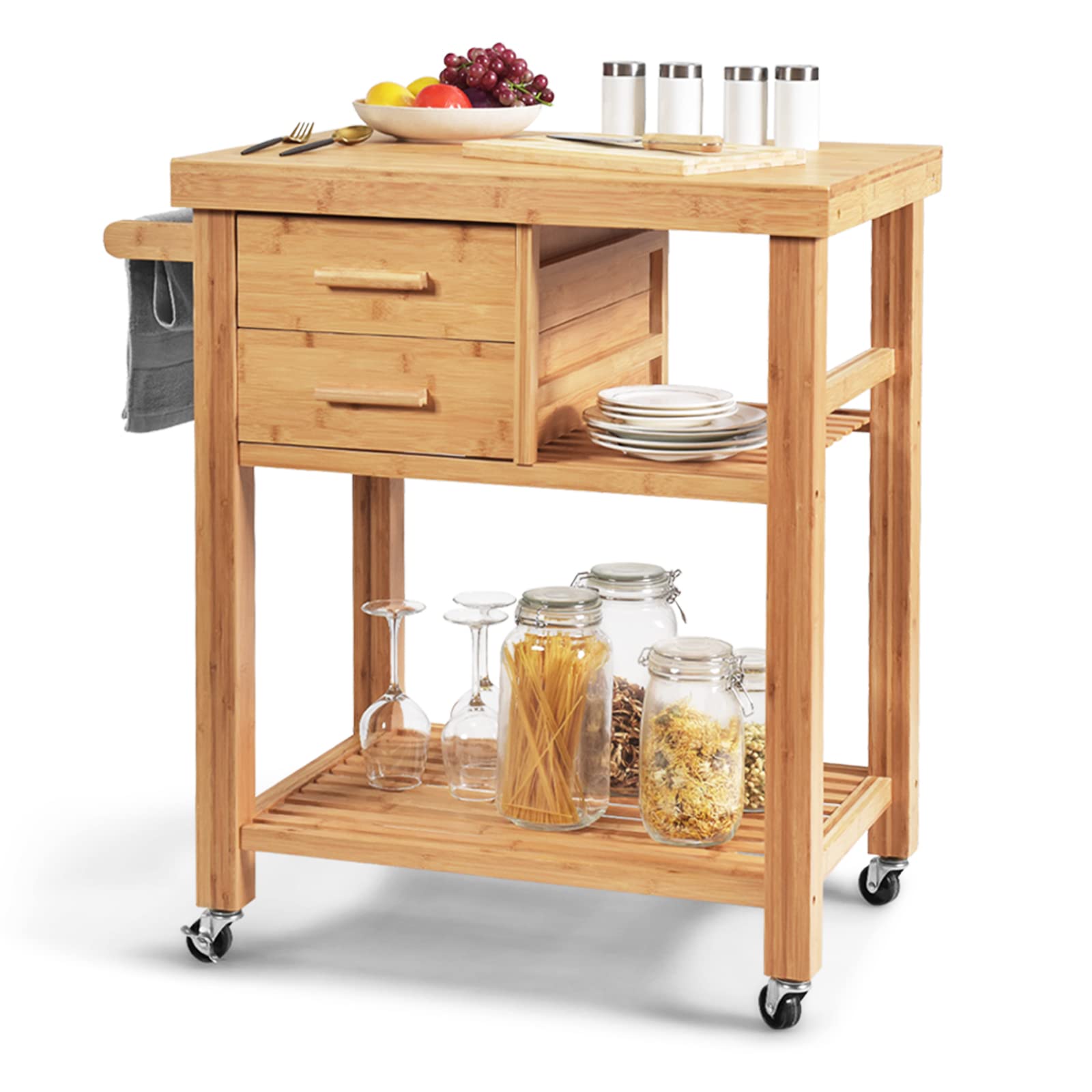 GORELAX Bamboo Kitchen Island on Wheels, Lockable Rolling Kitchen Cart with 2 Storage Drawers & Open Shelf, Wood Utility Butcher
