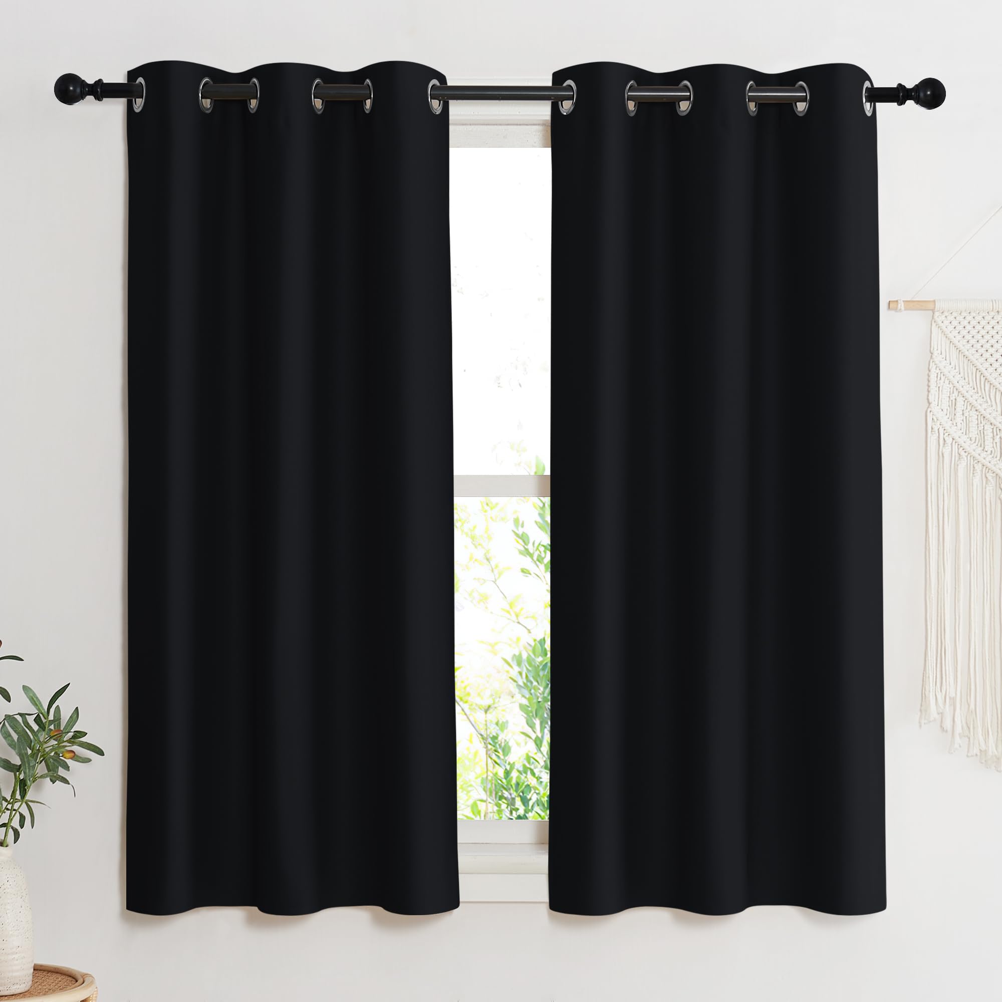 NICETOWN Black Out Curtain Panel Shade, Single Piece, 42 inches Wide by 45 inches Long, Black, Solid Energy Efficient Eyelet Top