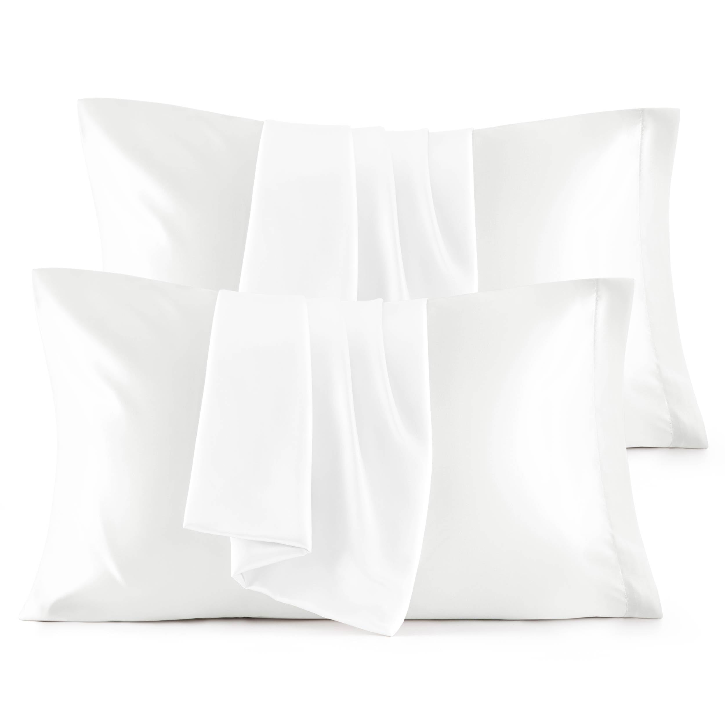 Bedsure Satin Pillowcase for Hair and Skin Queen - Pure White Silky Pillowcase - Set of 4 with Envelope Closure, Similar to Silk