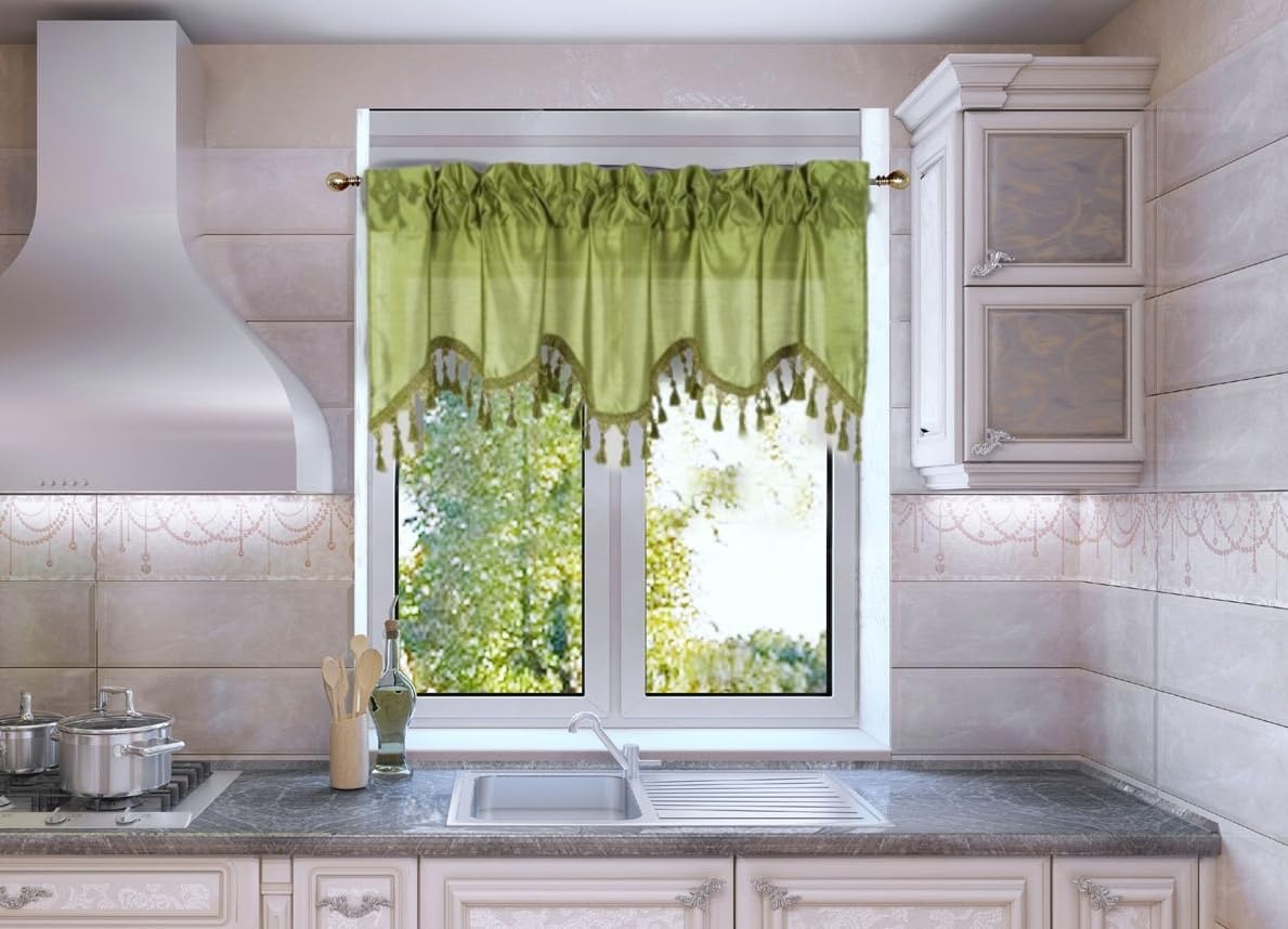 Solid Faux Silk Swag Waterfall Cascade Ascot Window Curtain Valance w/Tassels Trim 55  x18  Wave (1, Lime Green)