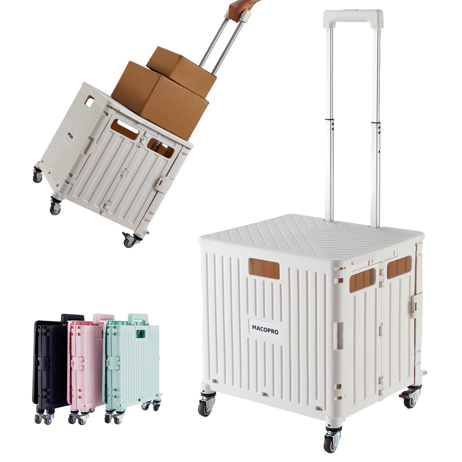 Foldable Utility Cart Folding Portable Rolling Crate Handcart with Durable Heavy Duty Plastic Telescoping Handle Collapsible 4 R